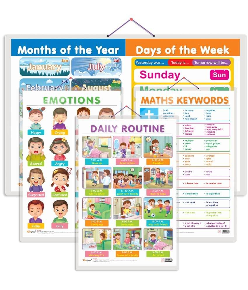 Set of 4 MATHS KEYWORDS, MONTHS OF THE YEAR AND DAYS OF THE WEEK, EMOTIONS and DAILY ROUTINE Early Learning Educational Charts for Kids Set of 4 MATHS KEYWORDS, MONTHS OF THE YEAR AND DAYS OF THE WEEK, EMOTIONS and DAILY ROUTINE Early Learning Educational Charts for Kids