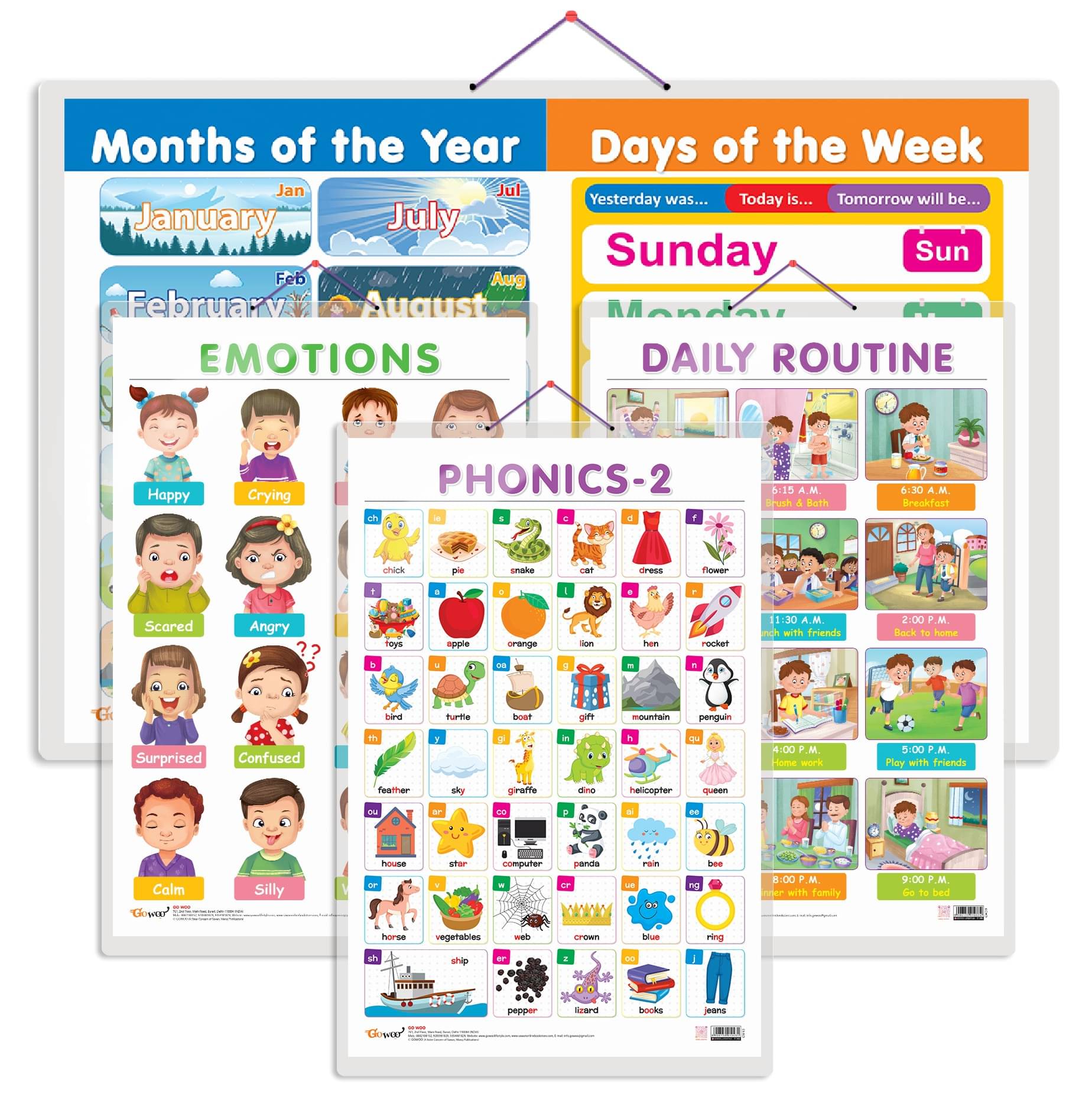 Set of 4 MONTHS OF THE YEAR AND DAYS OF THE WEEK, EMOTIONS, DAILY ROUTINE and PHONICS - 2 Early Learning Educational Charts for Kids Set of 4 MONTHS OF THE YEAR AND DAYS OF THE WEEK, EMOTIONS, DAILY ROUTINE and PHONICS - 2 Early Learning Educational Charts for Kids
