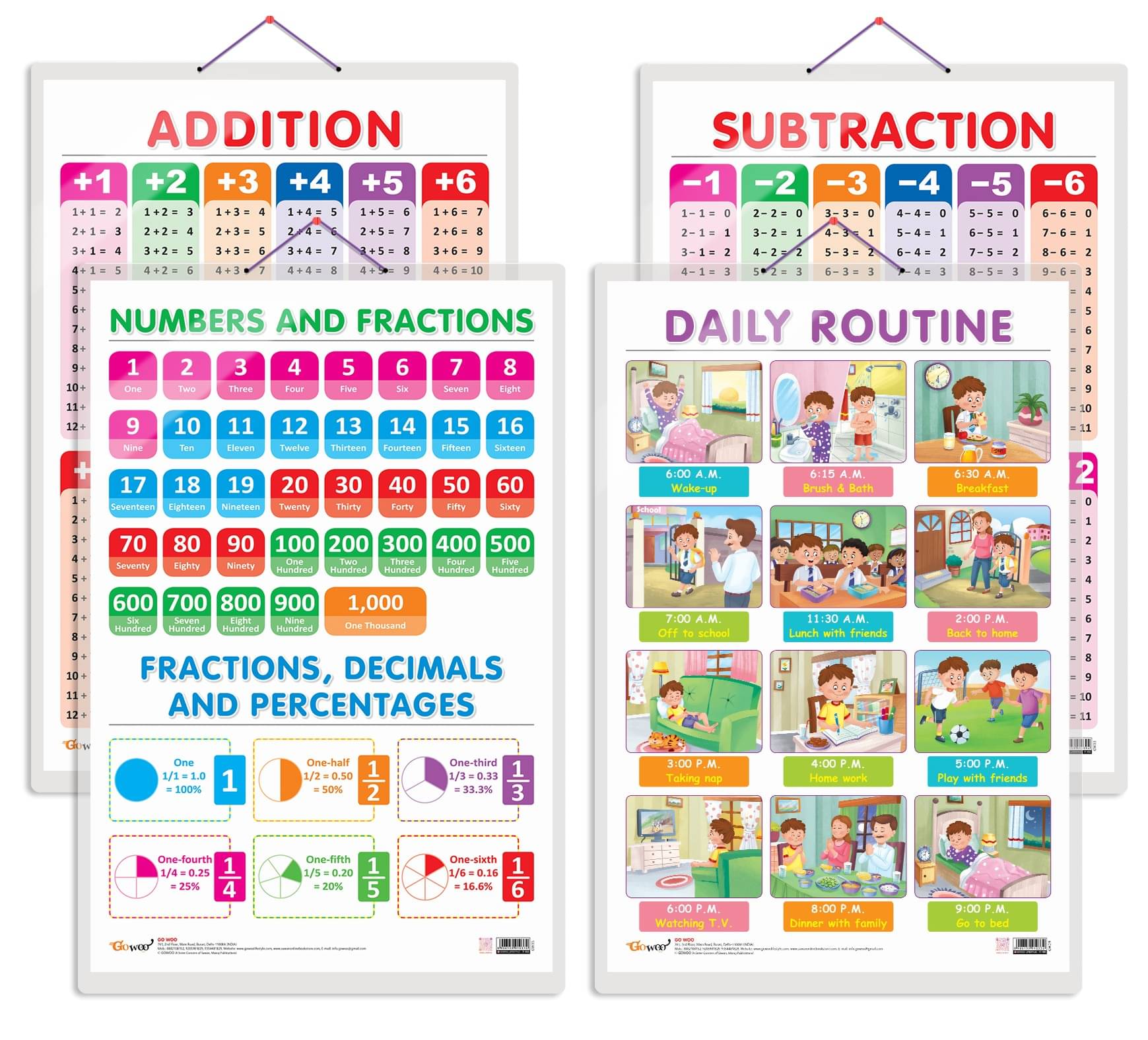     			Set of 4 SUBTRACTION, ADDITION, NUMBERS AND FRACTIONS and DAILY ROUTINE Early Learning Educational Charts for Kids | 20"X30" inch |Non-Tearable and Waterproof | Double Sided Laminated | Perfect for Homeschooling, Kindergarten and Nursery Students