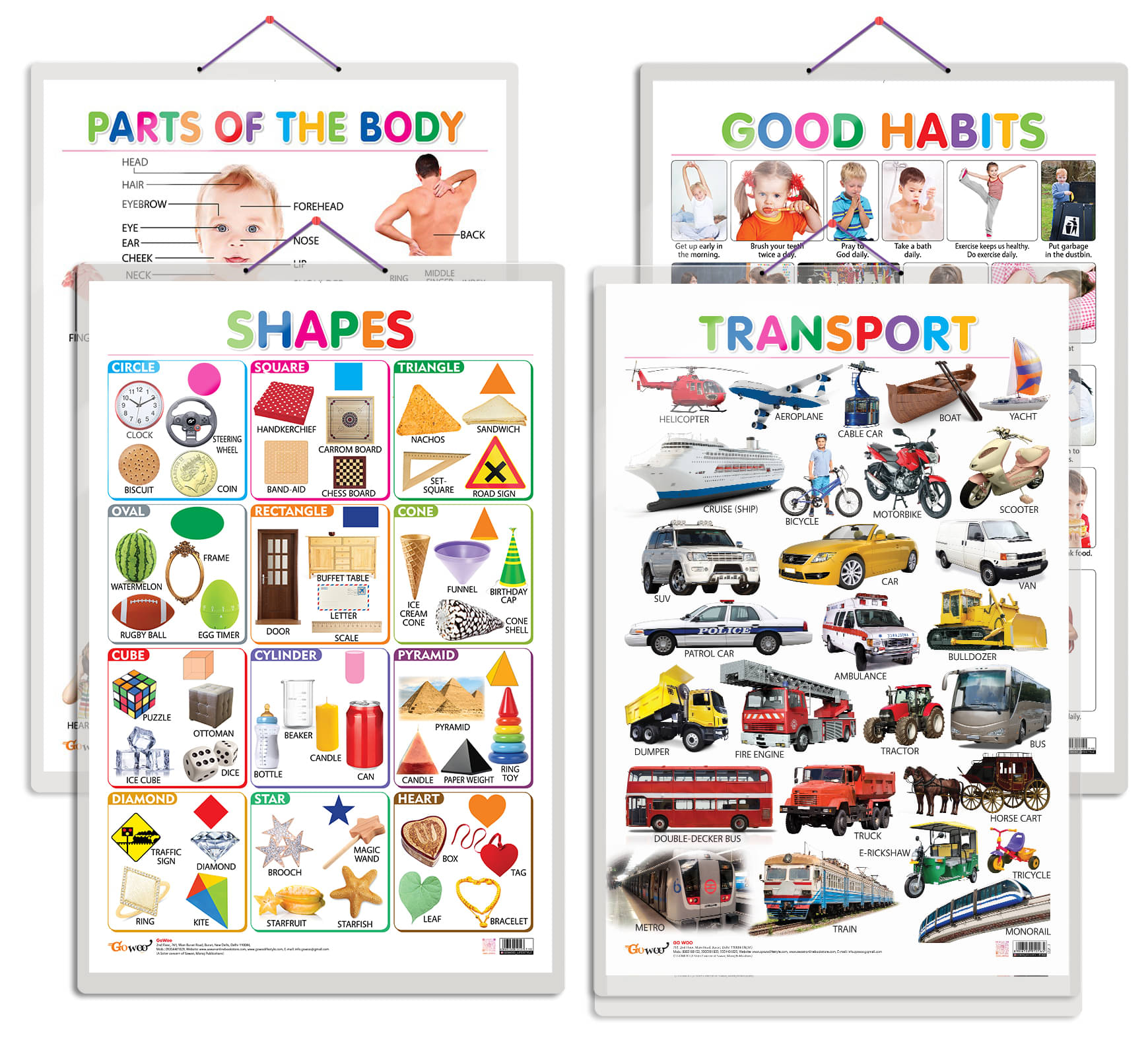 Set of 4 Shapes, Parts of the Body, Good Habits and Transport Early Learning Educational Charts for Kids | 20"X30" inch |Non-Tearable and Waterproof | Double Sided Laminated | Perfect for Homeschooling, Kindergarten and Nursery Students Set of 4 Shapes, Parts of the Body, Good Habits and Transport Early Learning Educational Charts for Kids | 20"X30" inch |Non-Tearable and Waterproof | Double Sided Laminated | Perfect for Homeschooling, Kindergarten and Nursery Students