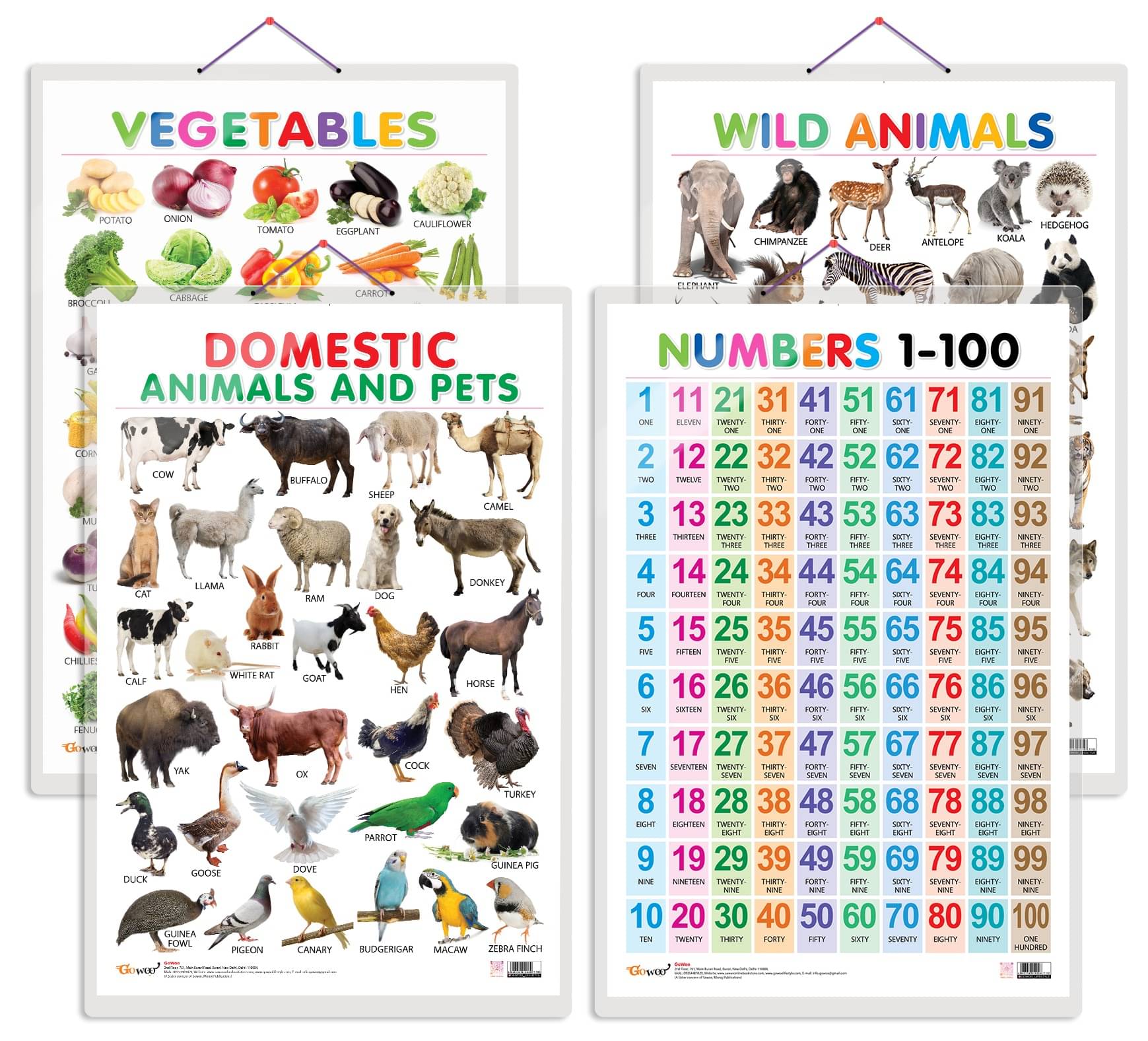 Set of 4 Vegetables, Domestic Animals and Pets, Wild Animals and Numbers 1-100 Early Learning Educational Charts for Kids | 20"X30" inch |Non-Tearable and Waterproof | Double Sided Laminated | Perfect for Homeschooling, Kindergarten and Nursery Students Set of 4 Vegetables, Domestic Animals and Pets, Wild Animals and Numbers 1-100 Early Learning Educational Charts for Kids | 20"X30" inch |Non-Tearable and Waterproof | Double Sided Laminated | Perfect for Homeschooling, Kindergarten and Nursery Students