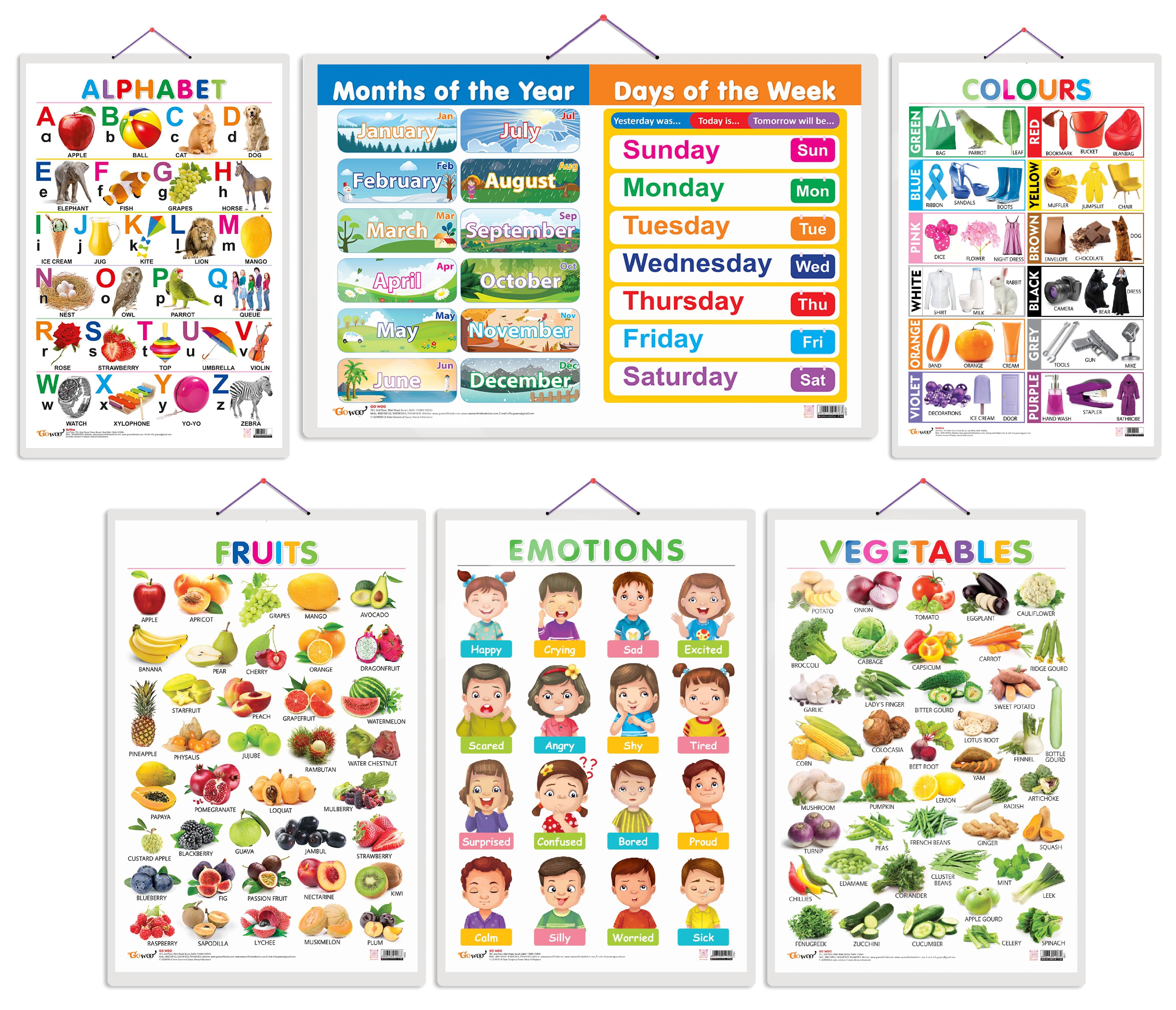     			Set of 6 Alphabet, Fruits, Vegetables, Colours, MONTHS OF THE YEAR AND DAYSOF THE WEEK and EMOTIONS Early Learning Educational Charts for Kids