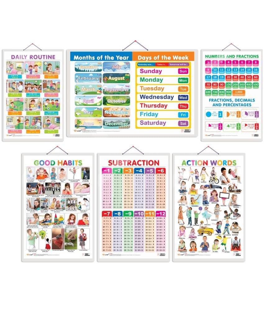     			Set of 6 Good Habits, Action Words, SUBTRACTION+NUMBERS AND FRACTIONS, MONTHS OF THE YEAR AND DAYS OF THE WEEK and DAILY ROUTINE Early Learning Educational Charts for Kids