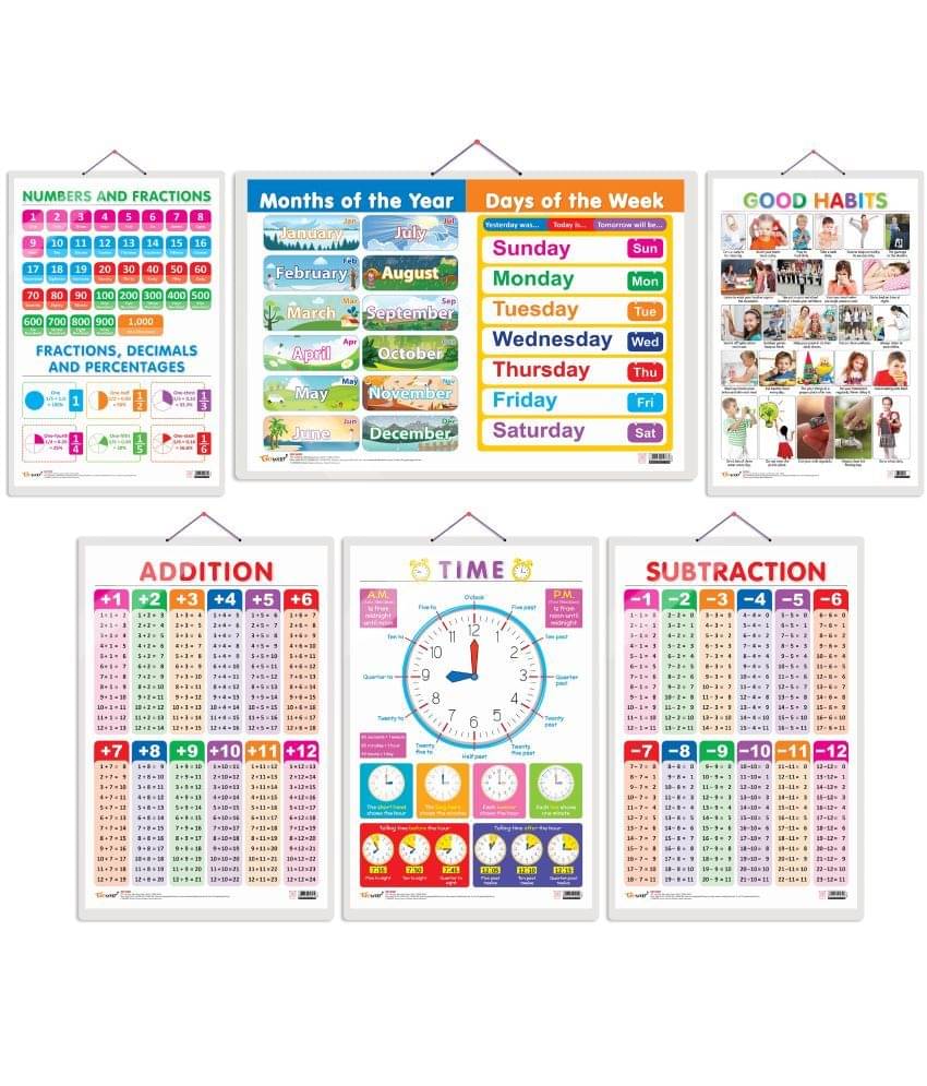 Set of 6 Good Habits, SUBTRACTION, ADDITION, TIME, NUMBERS AND FRACTIONS and MONTHS OF THE YEAR AND DAYS OF THE WEEK Early Learning Educational Charts for Kids Set of 6 Good Habits, SUBTRACTION, ADDITION, TIME, NUMBERS AND FRACTIONS and MONTHS OF THE YEAR AND DAYS OF THE WEEK Early Learning Educational Charts for Kids