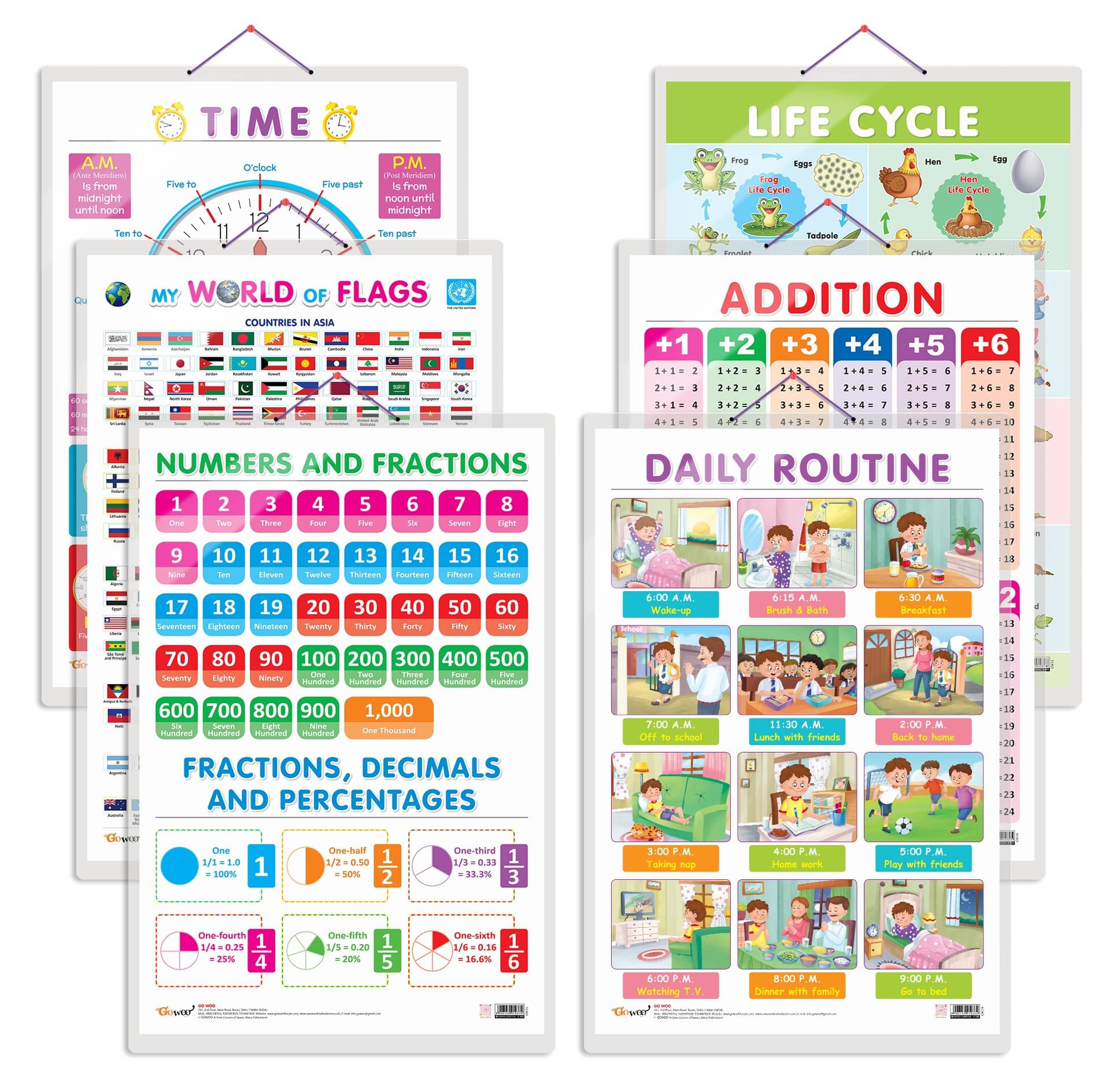 Set of 6 My World of Flags, Life Cycle, TIME, ADDITION, NUMBERS AND FRACTIONS and DAILY ROUTINE Early Learning Educational Charts for Kids     			Set of 6 My World of Flags, Life Cycle, TIME, ADDITION, NUMBERS AND FRACTIONS and DAILY ROUTINE Early Learning Educational Charts for Kids
