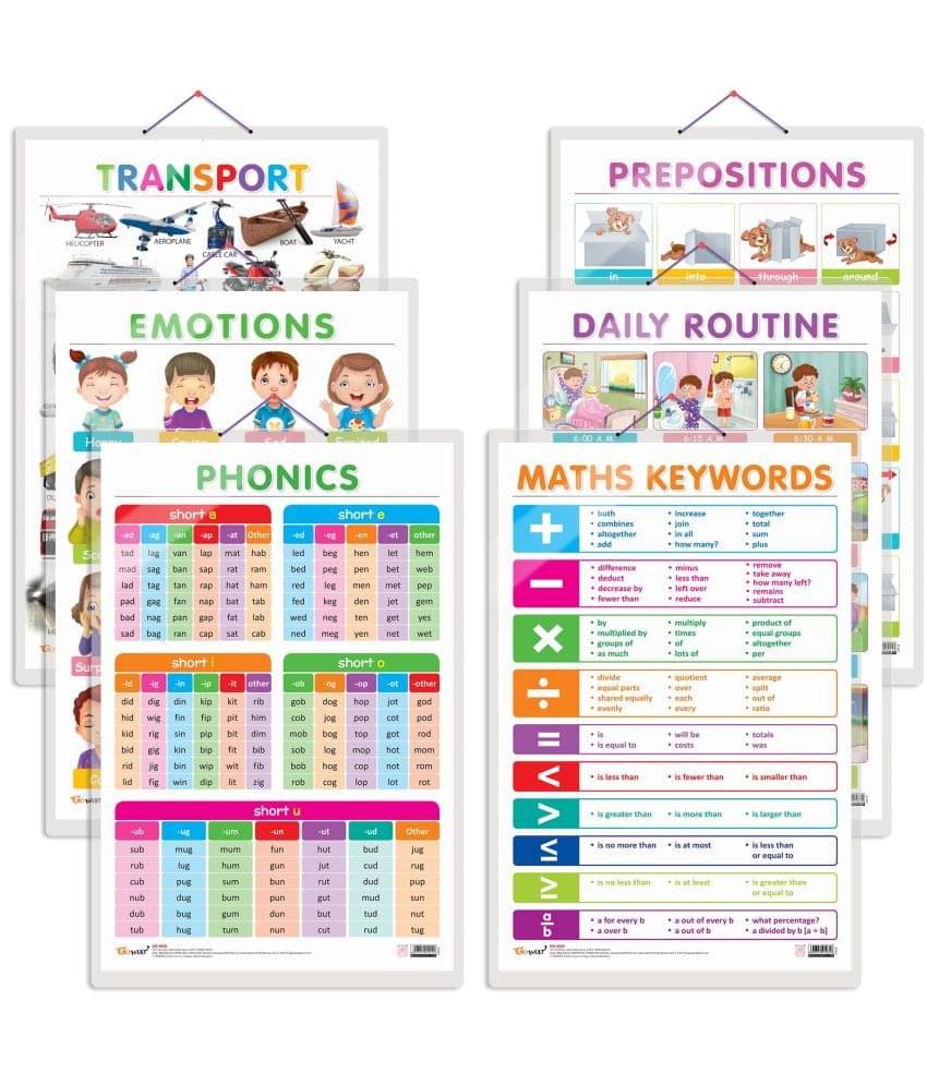 Set of 6 Transport, MATHS KEYWORDS, EMOTIONS, DAILY ROUTINE, PREPOSITIONS and PHONICS - 1 Early Learning Educational Charts for Kids Set of 6 Transport, MATHS KEYWORDS, EMOTIONS, DAILY ROUTINE, PREPOSITIONS and PHONICS - 1 Early Learning Educational Charts for Kids