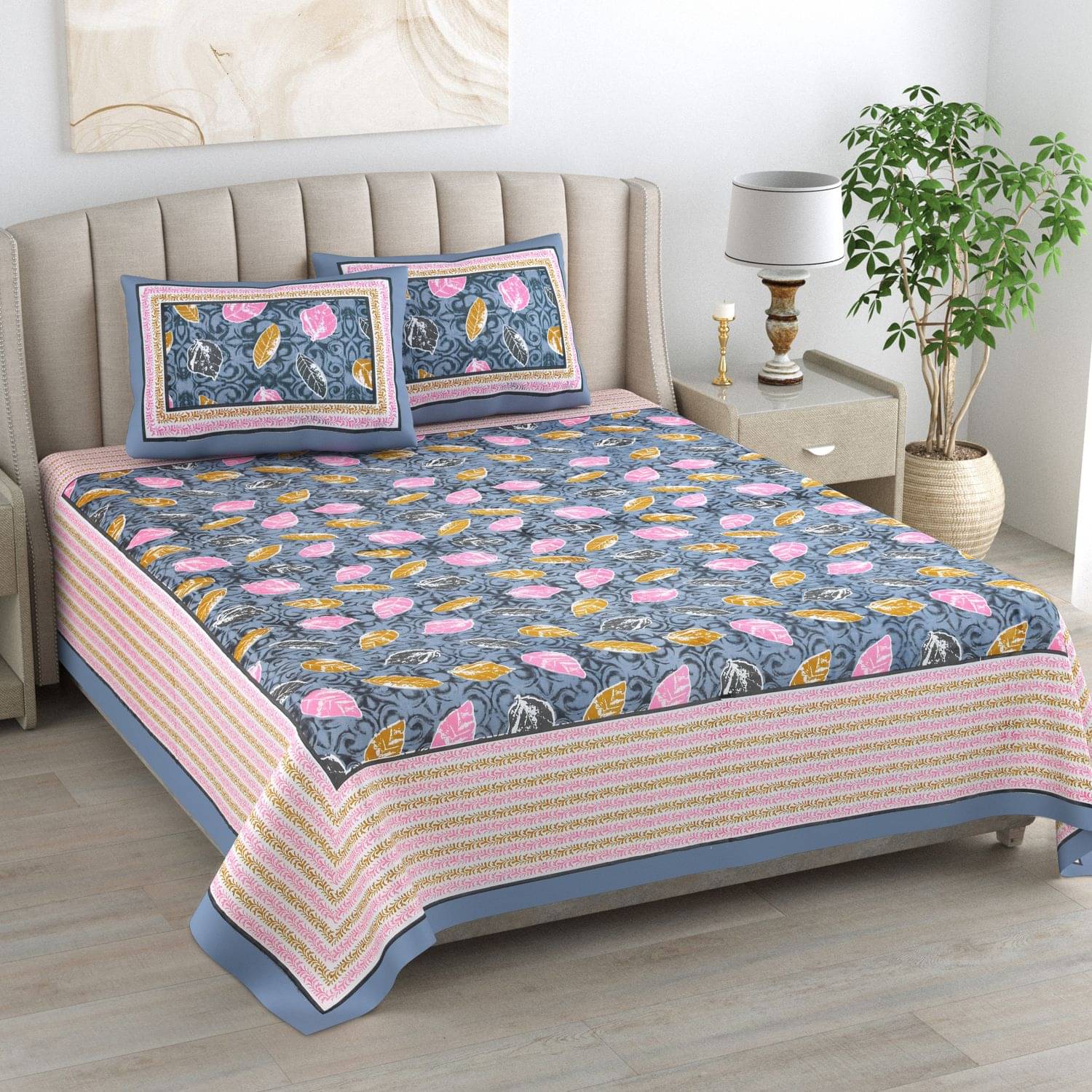     			Uniqchoice Cotton Abstract King Size Bedsheet With 2 Pillow Covers - Grey
