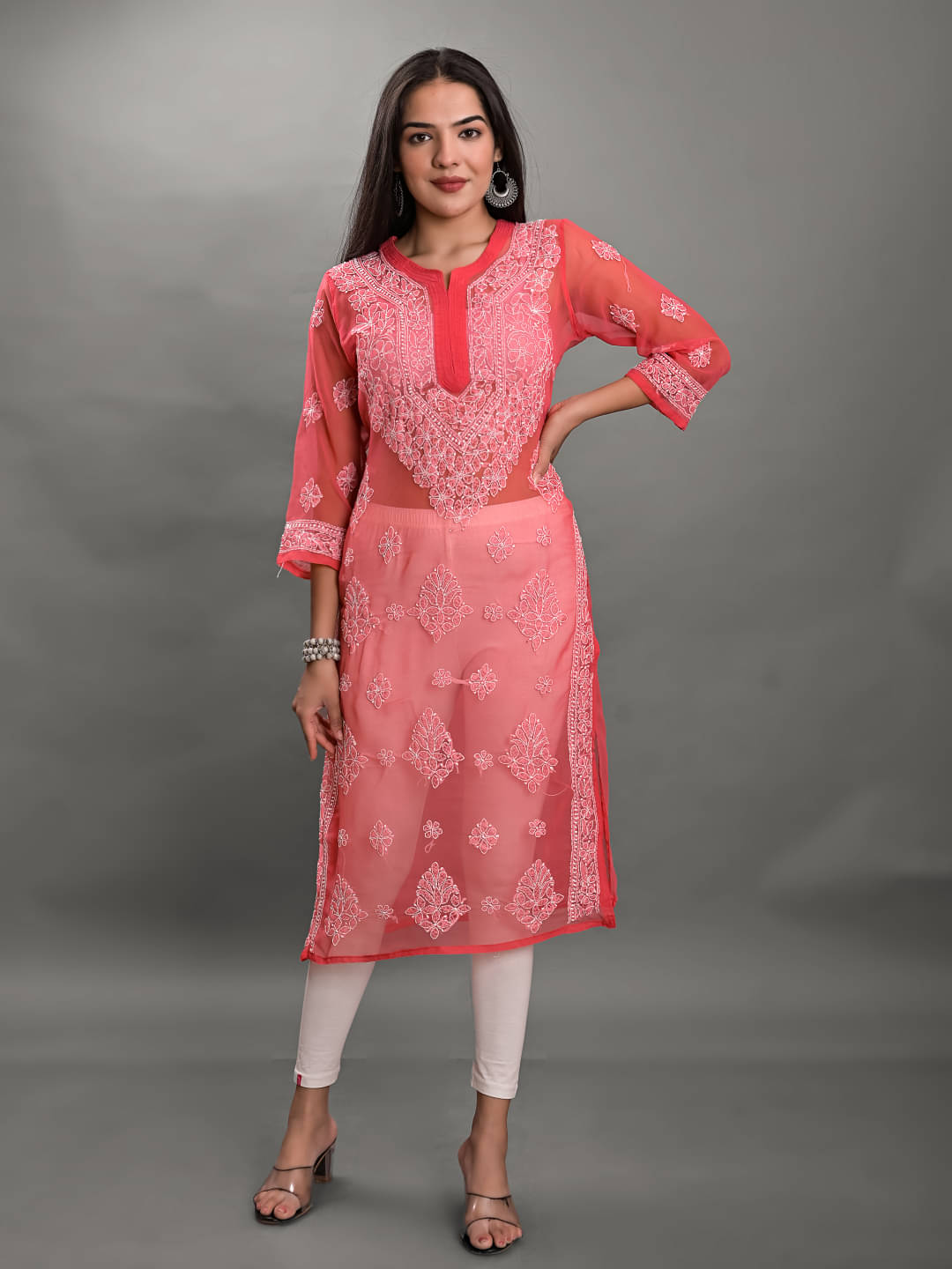 Apratim - Peach Georgette Women's Straight Kurti ( Pack of 1 )     			Apratim - Peach Georgette Women's Straight Kurti ( Pack of 1 )