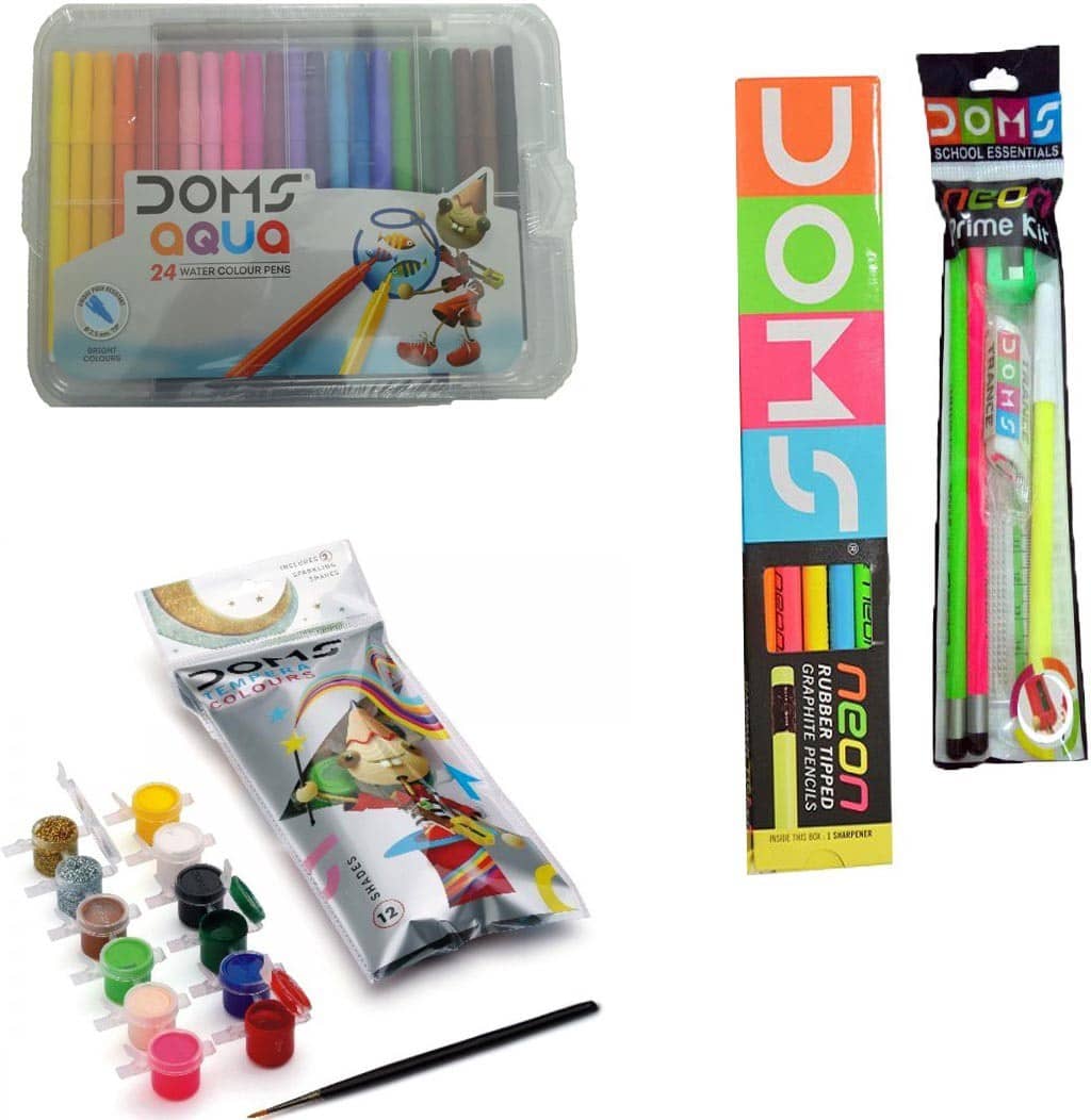 Doms Aqua 24 Sketch Pen (Full Size)+12 Water Colour Cakes+Tempera Colour ( 12 Shades)+Neon Prime Kit+Neon Rubber Tipped Pencil - Stationery | Buy online on ZillyBuy