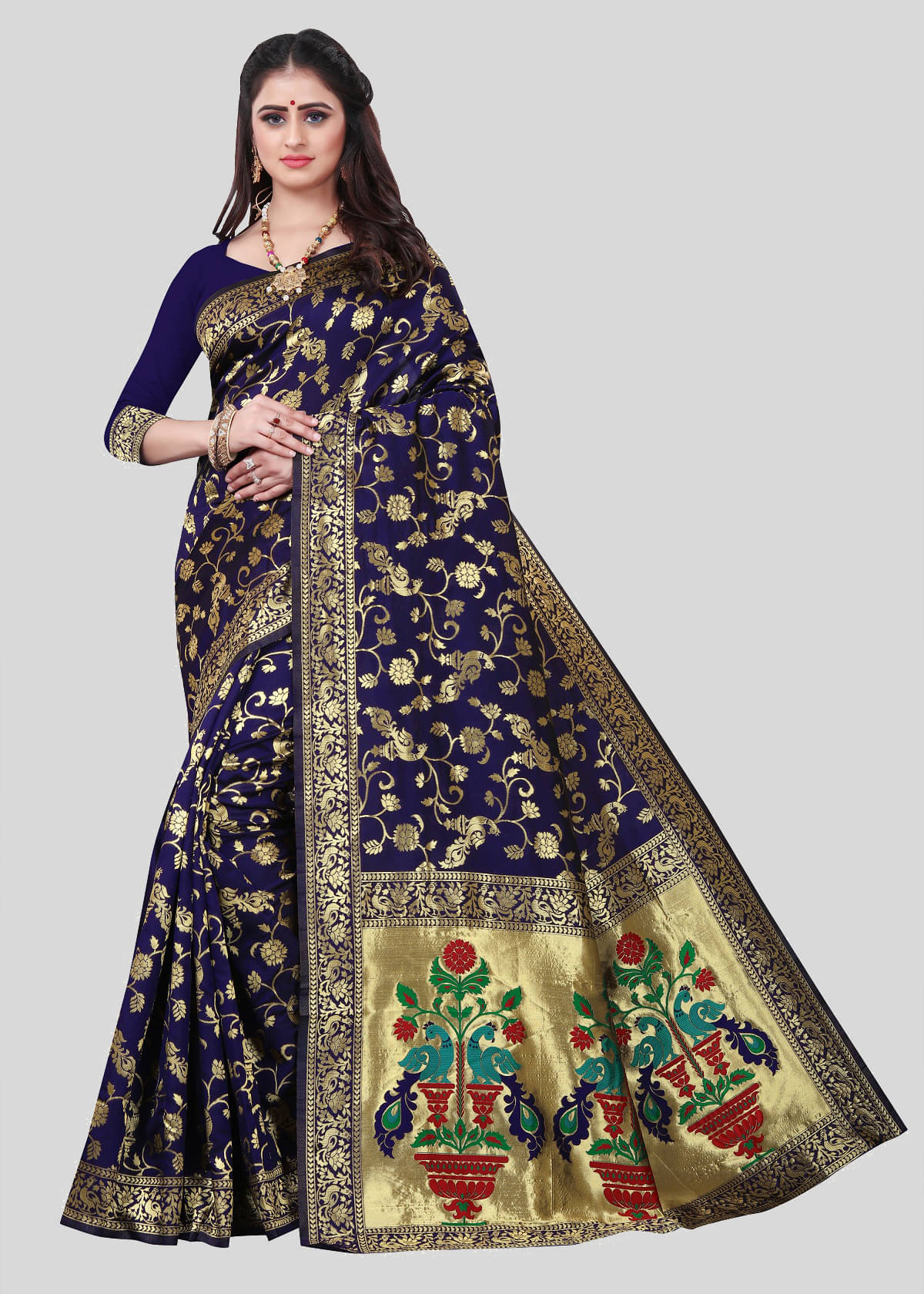 Gazal Fashions Banarasi Silk Embellished Saree With Unstitched Blouse Piece ( Blue ) Gazal Fashions Banarasi Silk Embellished Saree With Unstitched Blouse Piece ( Blue )