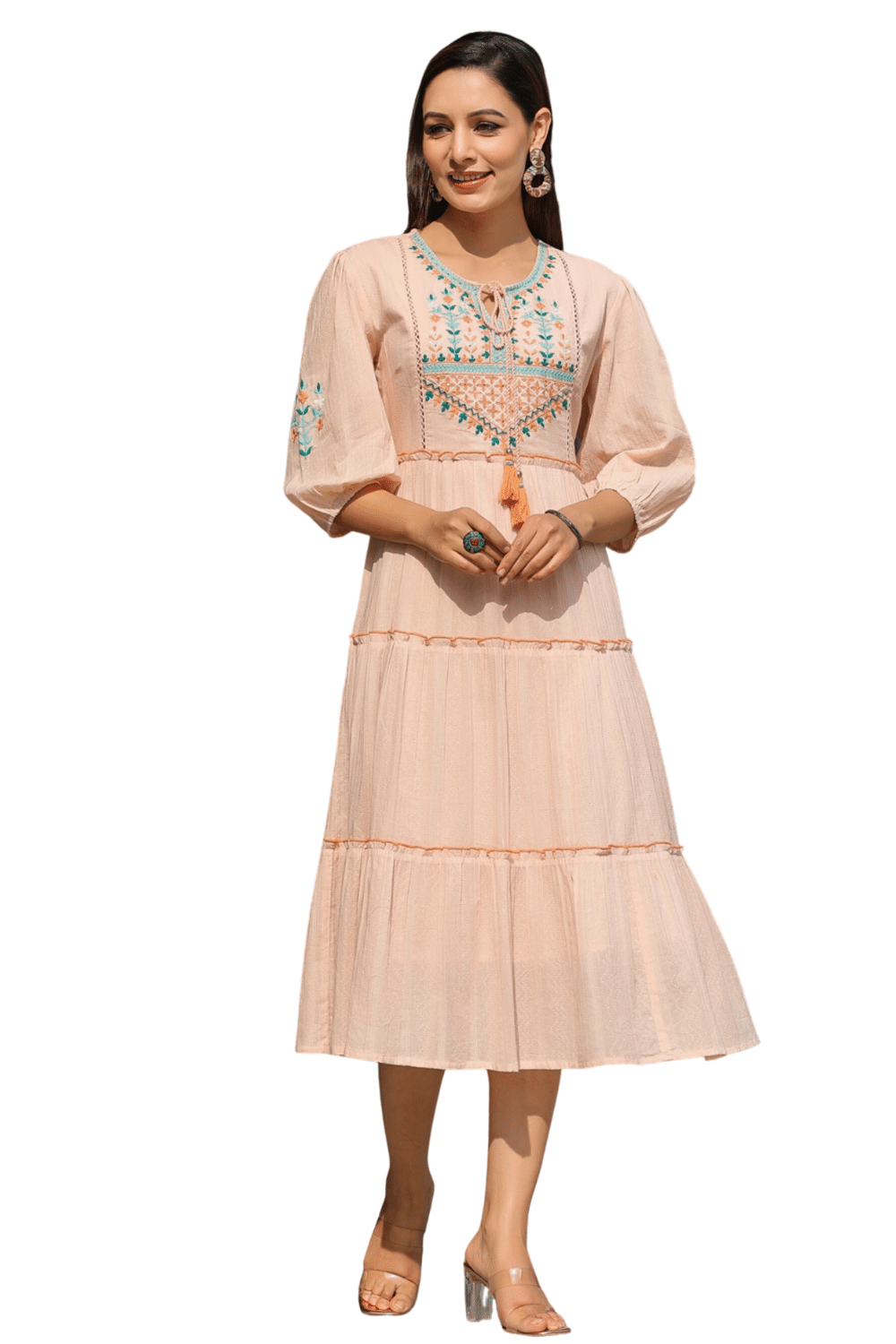     			Juniper Women Cotton Blend Printed Fit & Flare Dress ( Peach )
