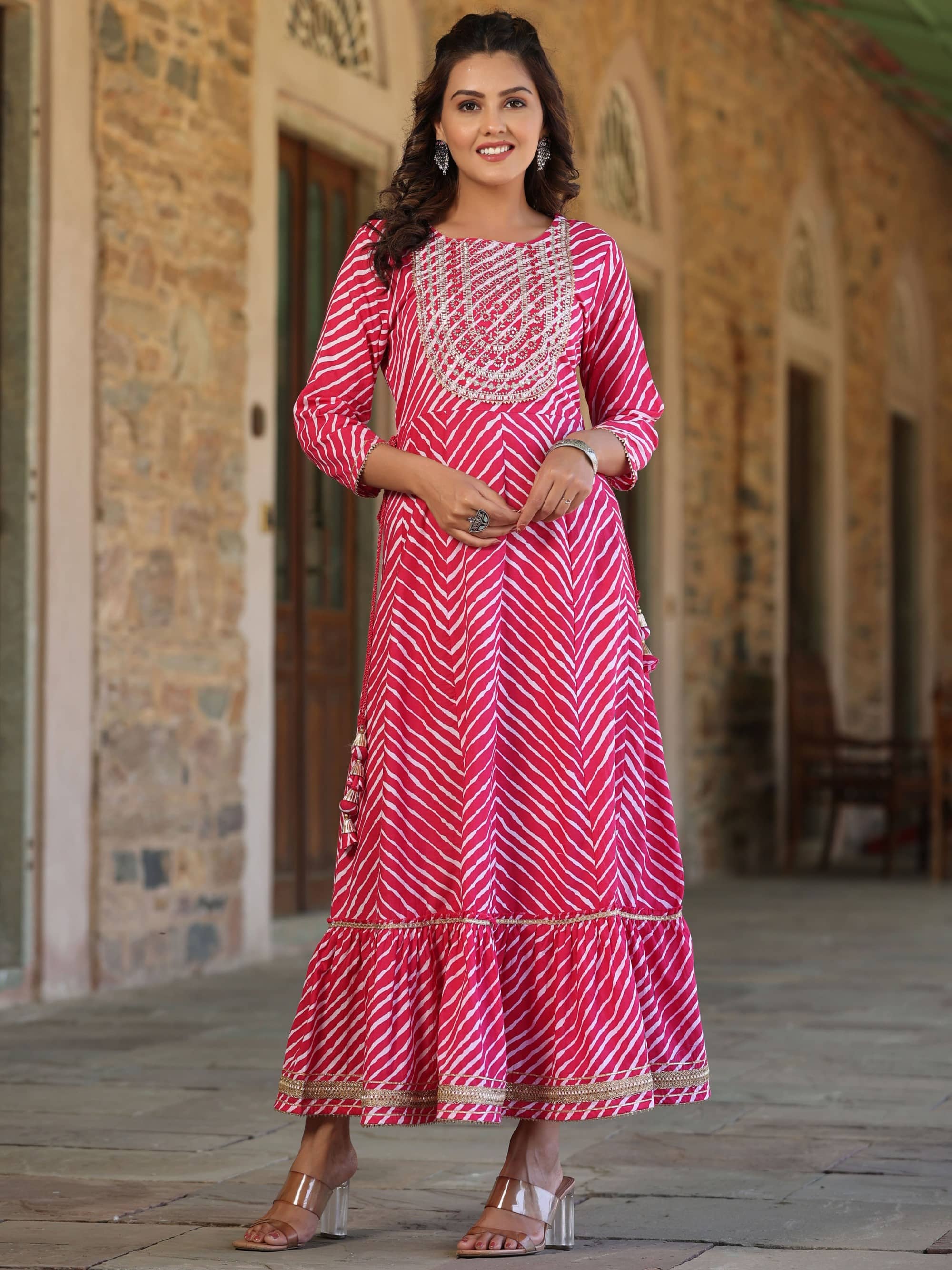 Juniper Women Cotton Blend Embroidered Ethnic Dress ( Pink )