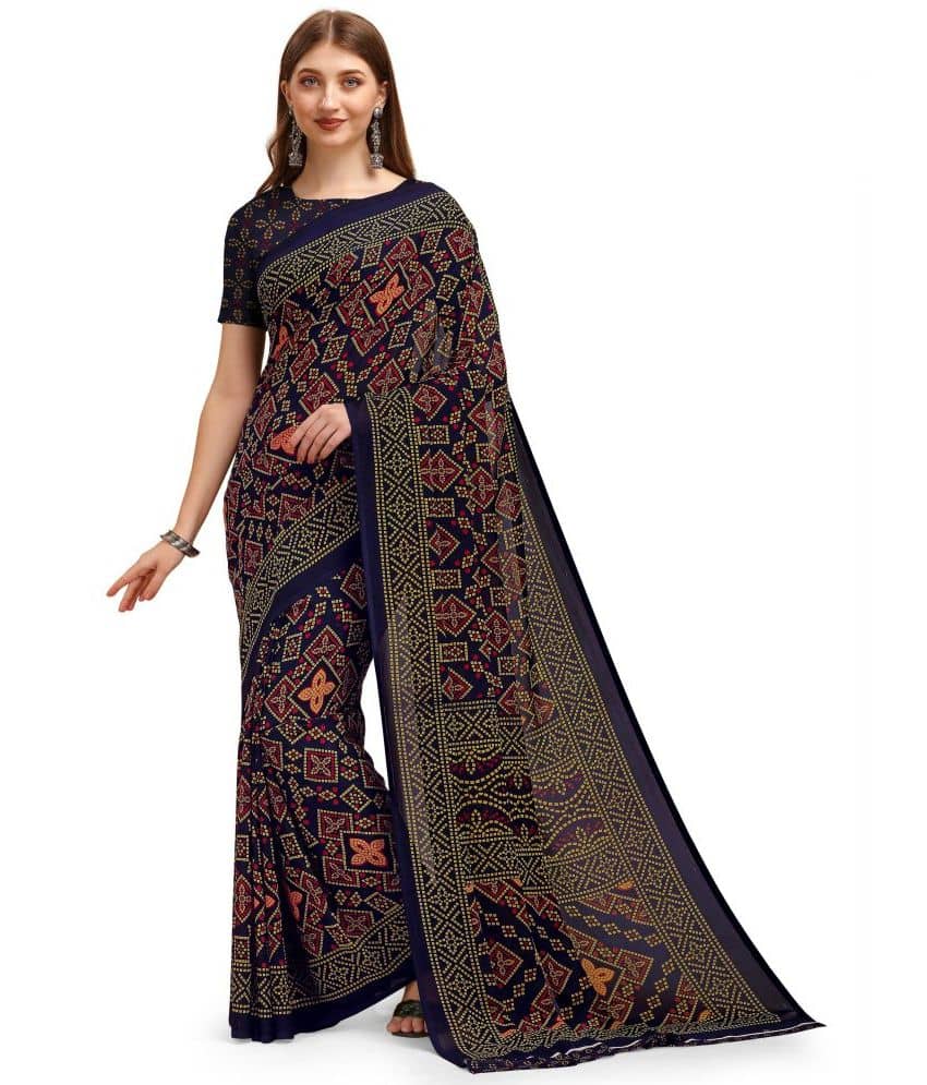 LEELAVATI Georgette Printed Saree With Unstitched Blouse Piece ( Navy Blue )