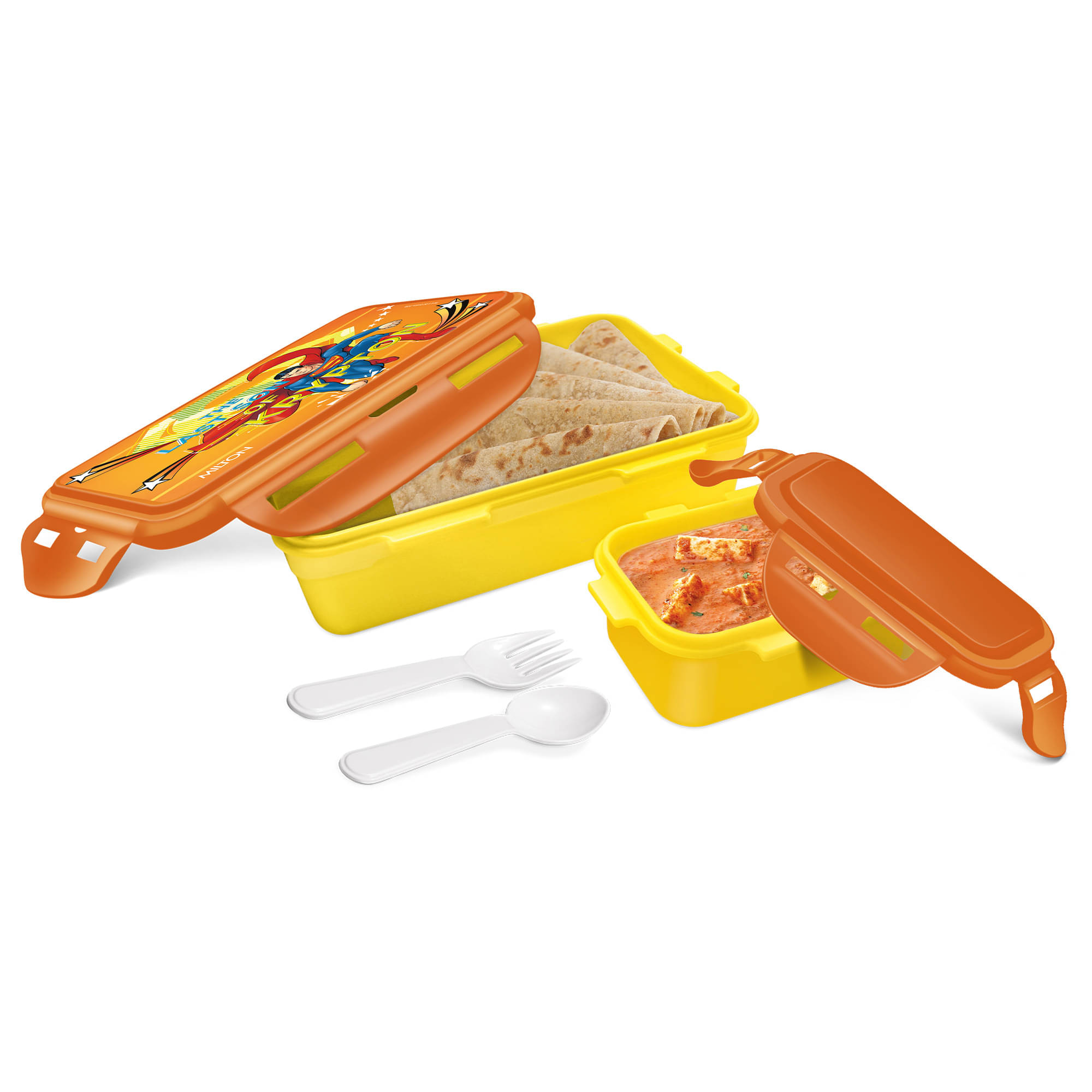     			MILTON Mini Fun Treat Super Hero Plastic Tiffin Box for Kids 650ml with Inner Container 125ml Yellow