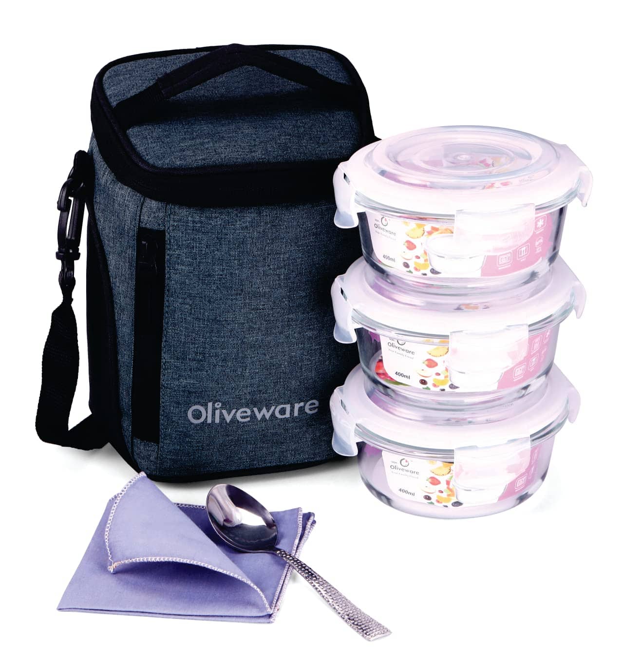 Oliveware Ivy Glass Lunch Box 3 - Container ( Pack of 1 )