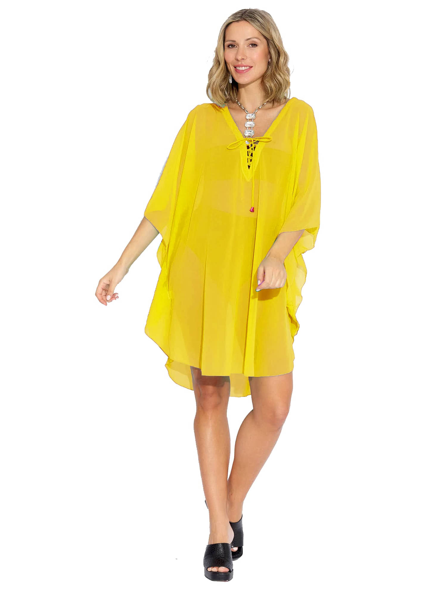 SUN-ROSE FASHIONS Georgette Yellow Beach Dresses -     			SUN-ROSE FASHIONS Georgette Yellow Beach Dresses -