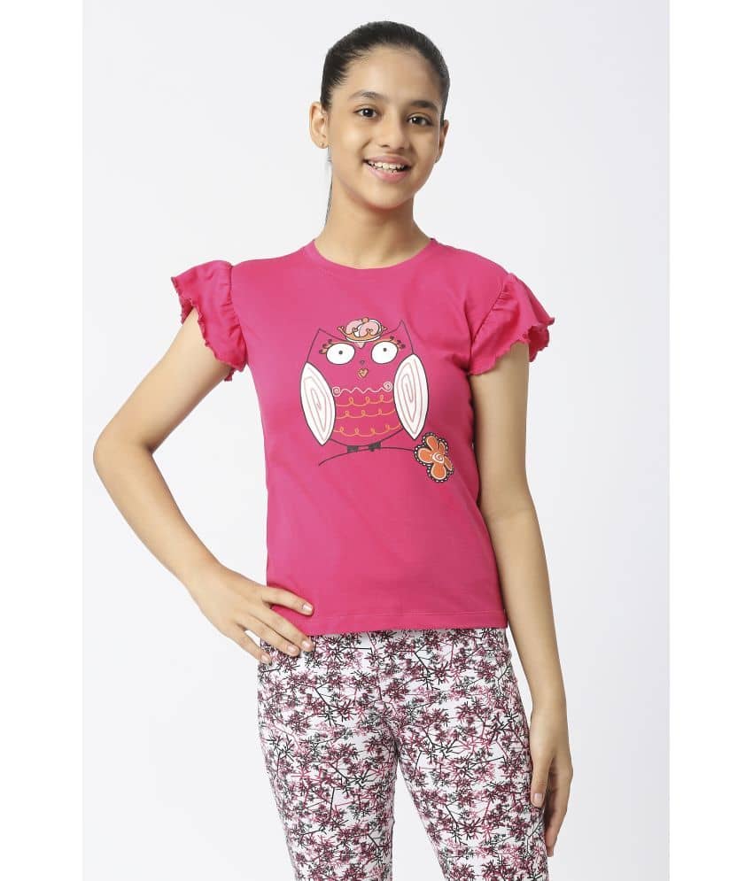 Sini Mini Pack of 1 Girls 100% Cotton T-Shirt ( Fluorescent Pink )