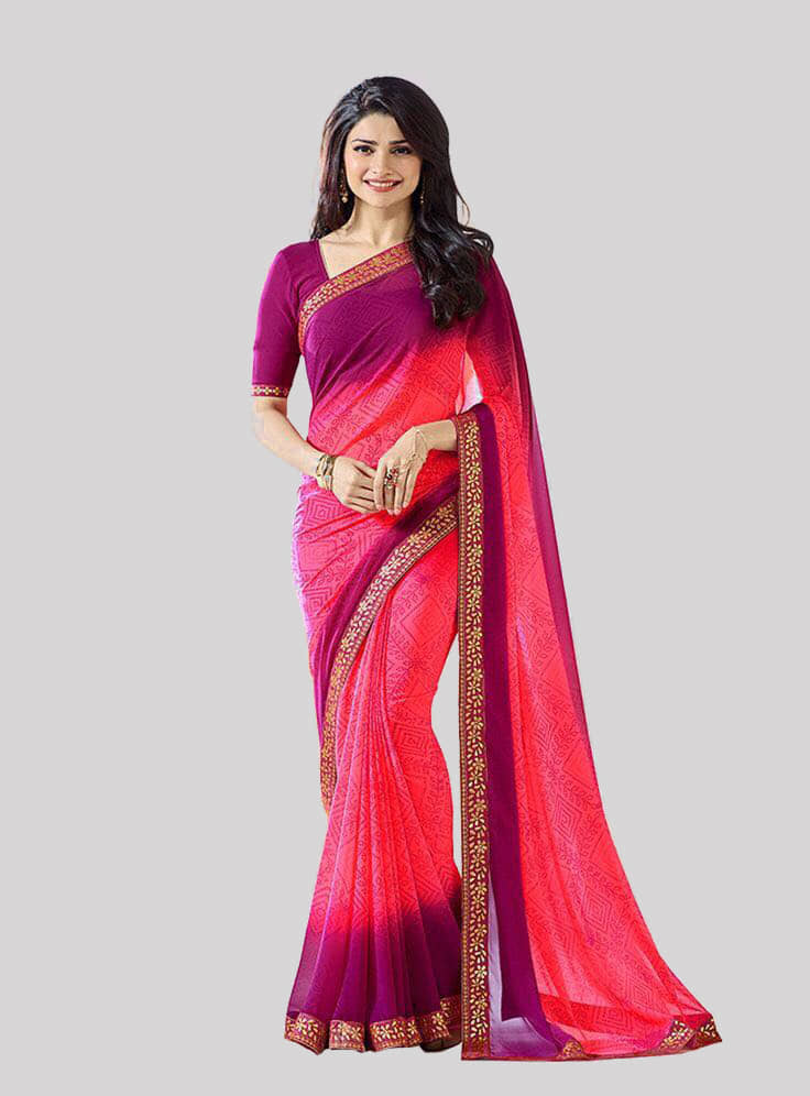 Gazal Fashions Georgette Printed Saree With Unstitched Blouse Piece ( Pink ) - Sarees | Buy online on ZillyBuy
