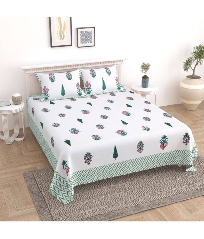 Uniqchoice Cotton Floral King Size Bedsheet With 2 Pillow Covers - Green Uniqchoice Cotton Floral King Size Bedsheet With 2 Pillow Covers - Green