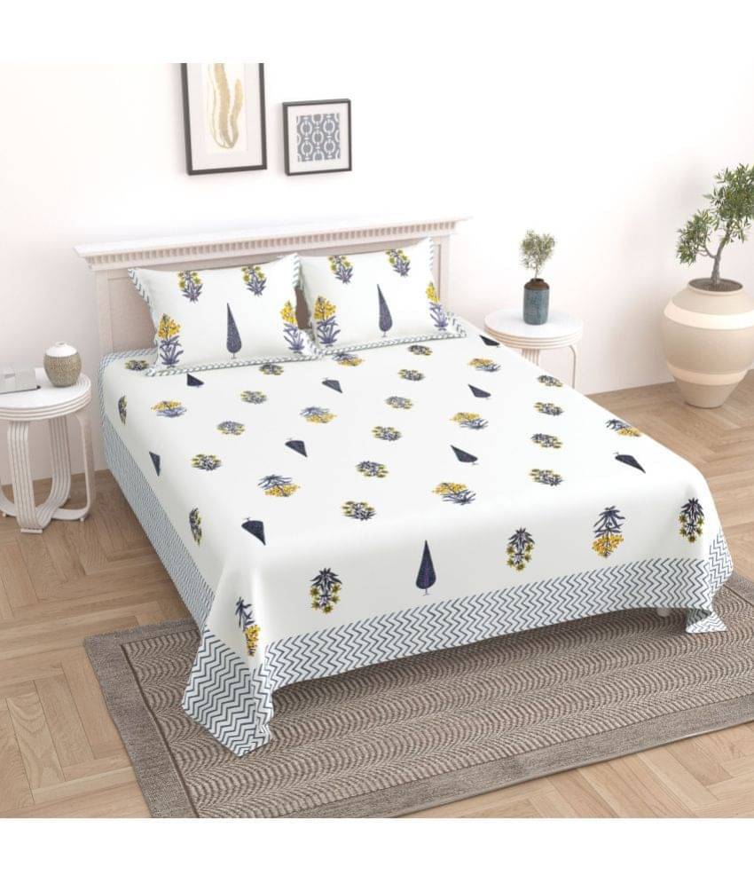 Uniqchoice Cotton Floral King Size Bedsheet With 2 Pillow Covers - White Uniqchoice Cotton Floral King Size Bedsheet With 2 Pillow Covers - White