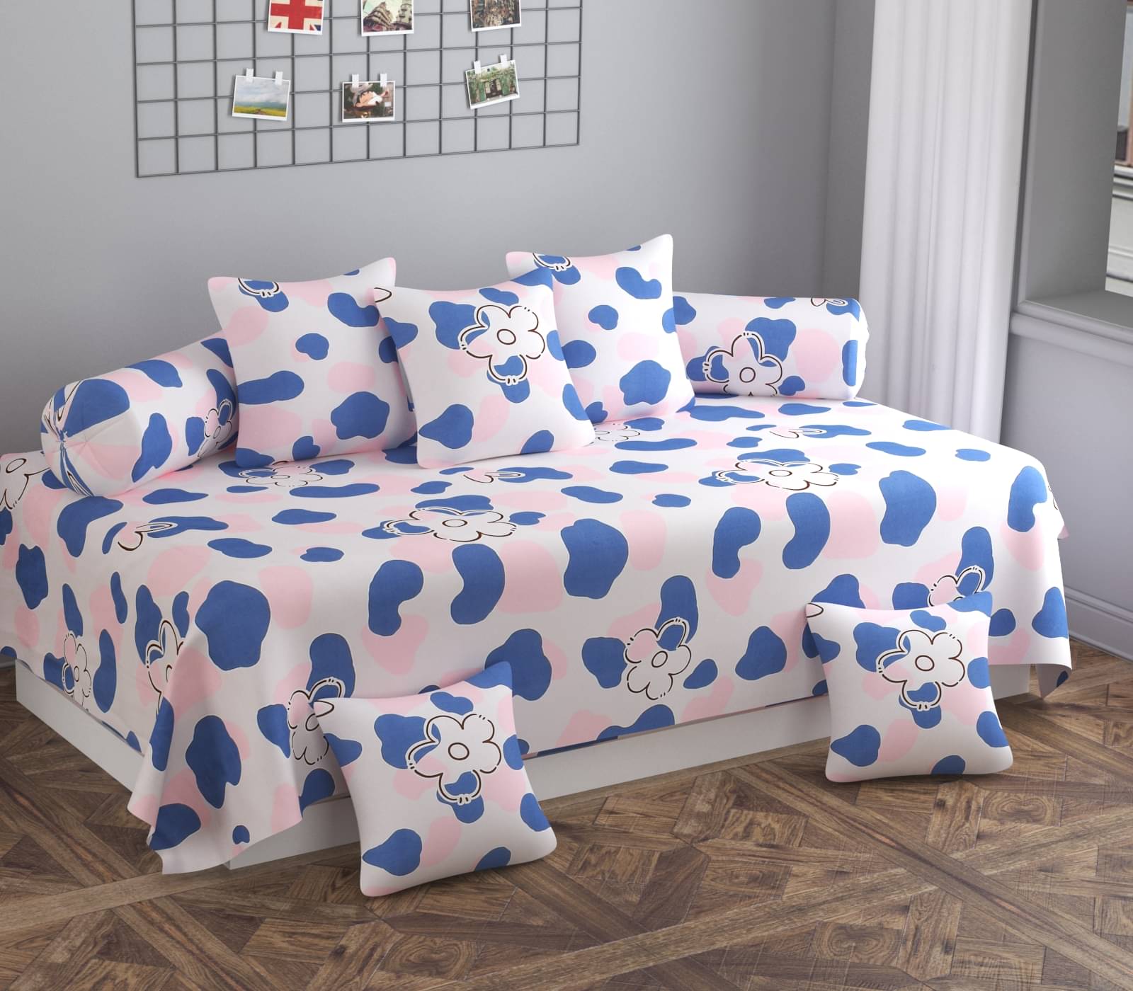     			Apala Microfibre Abstract Diwan Set 8 Pcs - Blue