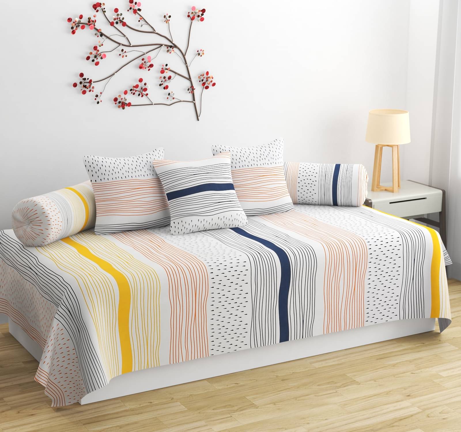     			Apala Microfibre Abstract Diwan Set 6 Pcs - white