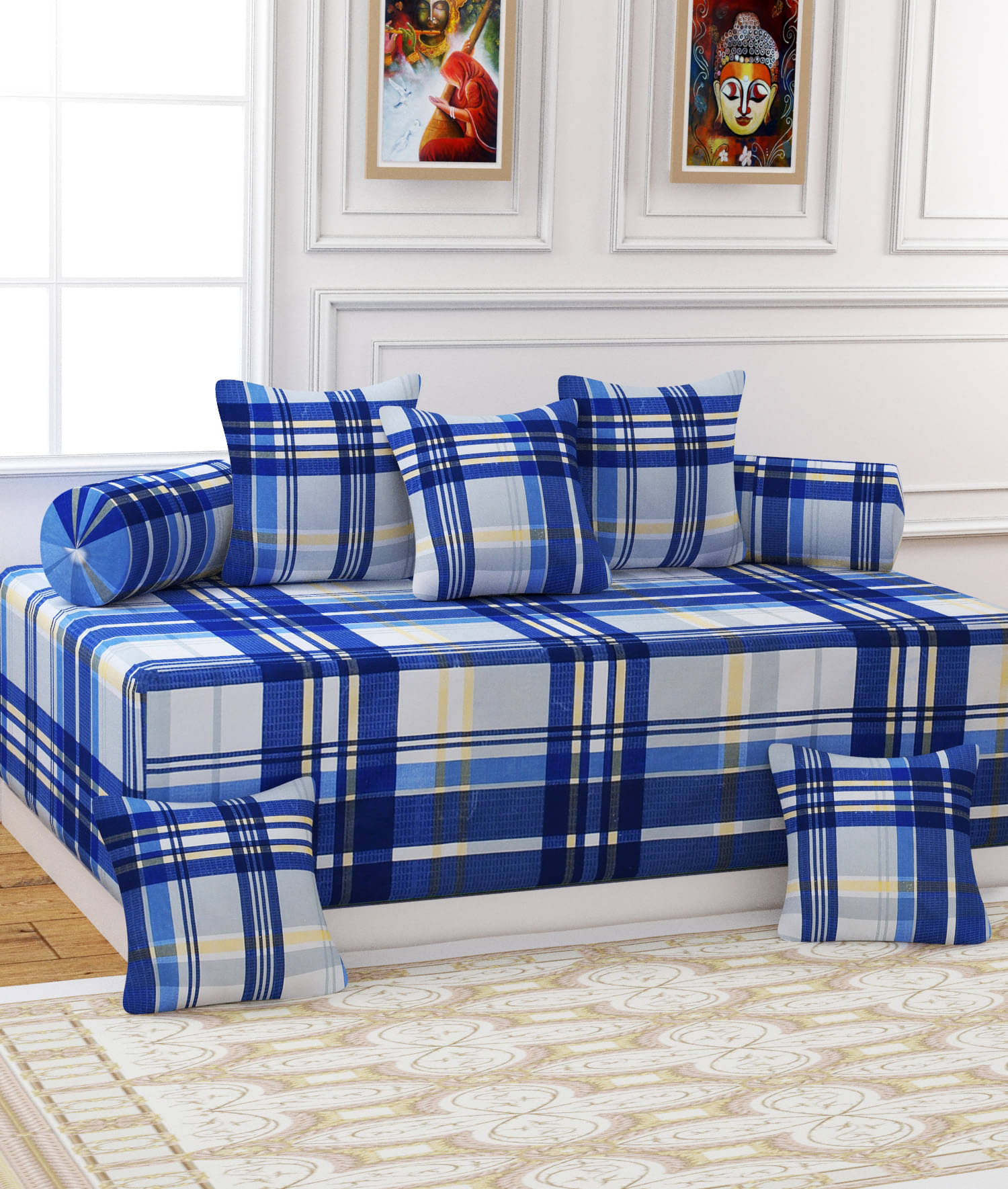 Apala Microfibre Abstract Diwan Set 8 Pcs - Blue Apala Microfibre Abstract Diwan Set 8 Pcs - Blue
