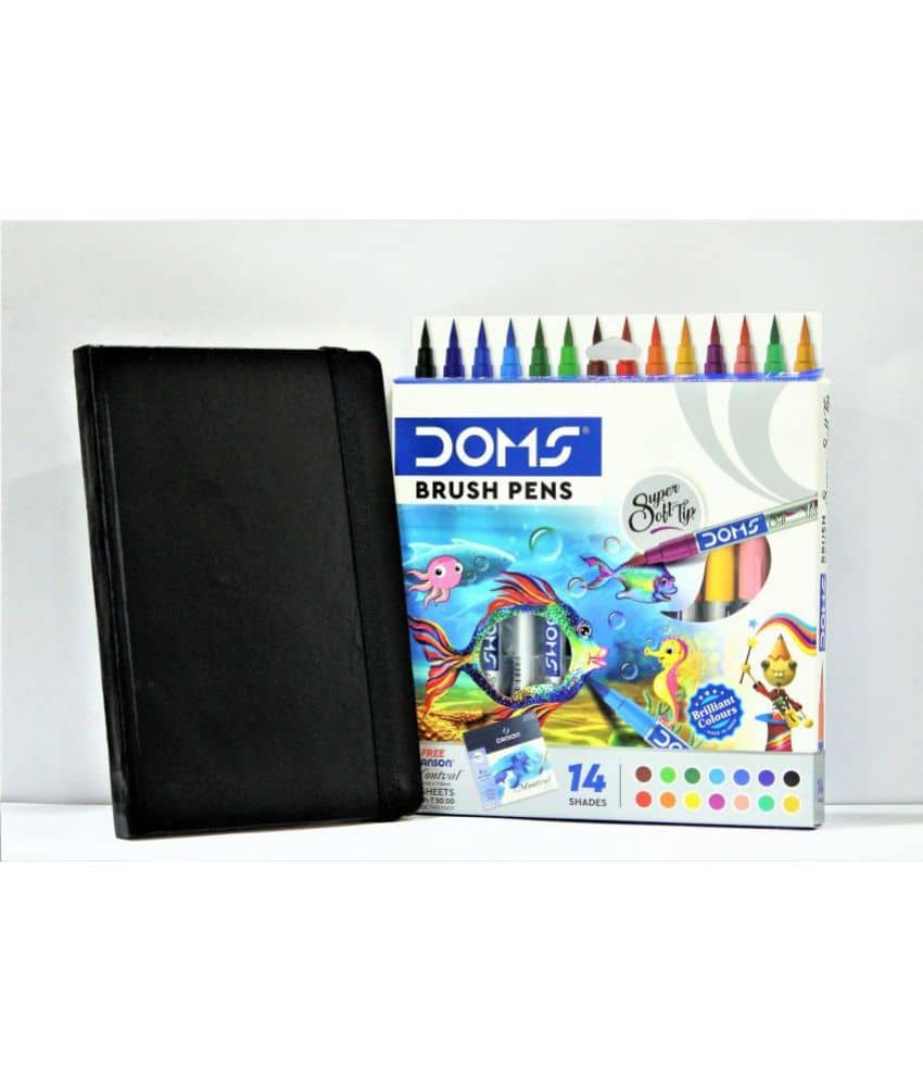 Doms 14 Shade Brsh Pen & A5 Unruled Notebook - Stationery | Buy online on ZillyBuy