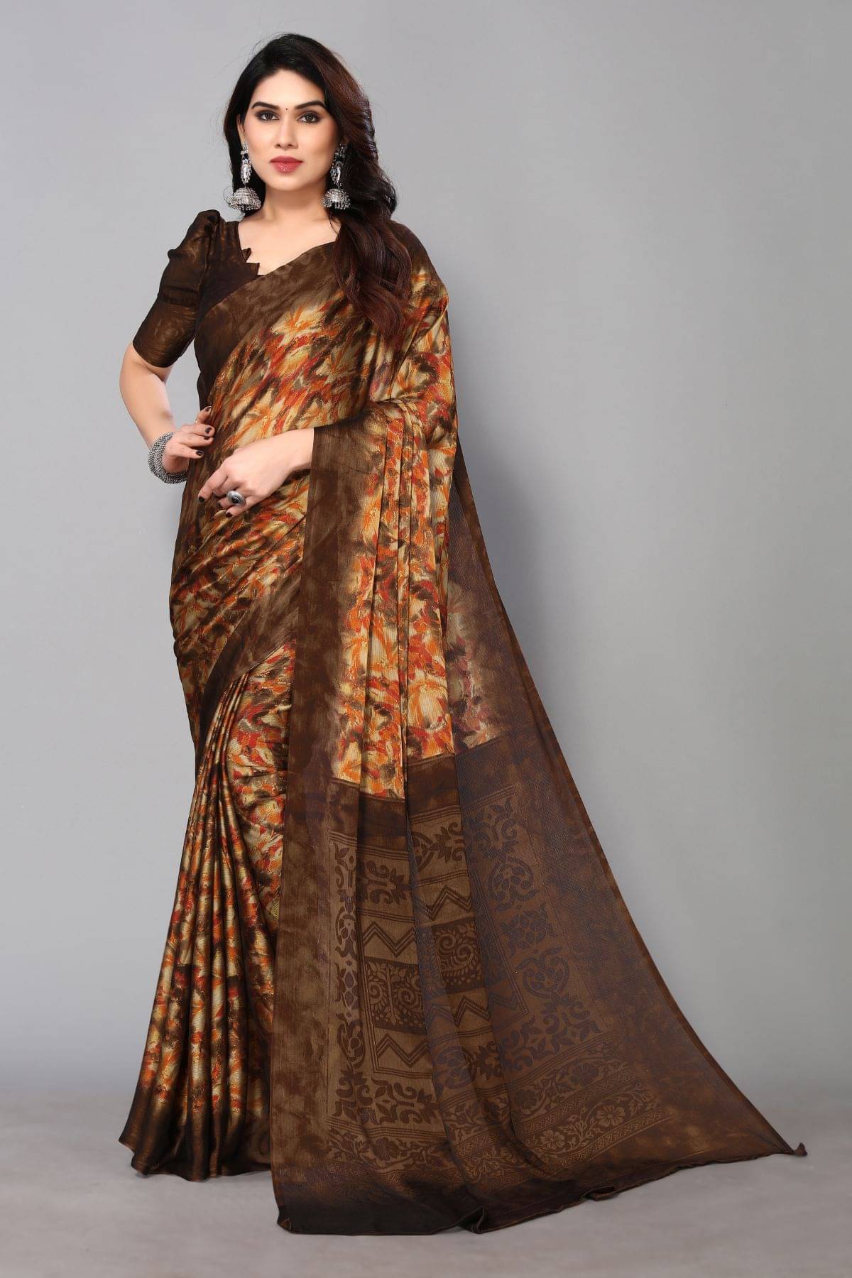 FABMORA Chiffon Printed Saree With Unstitched Blouse Piece ( Coffee ) FABMORA Chiffon Printed Saree With Unstitched Blouse Piece ( Coffee )