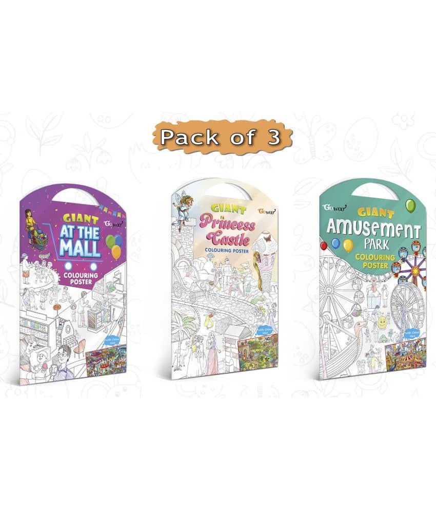 GIANT AT THE MALL COLOURING POSTER, GIANT PRINCESS CASTLE COLOURING POSTER and GIANT AMUSEMENT PARK COLOURING POSTER | Combo pack of 3 Posters I Premium Quality coloring posters