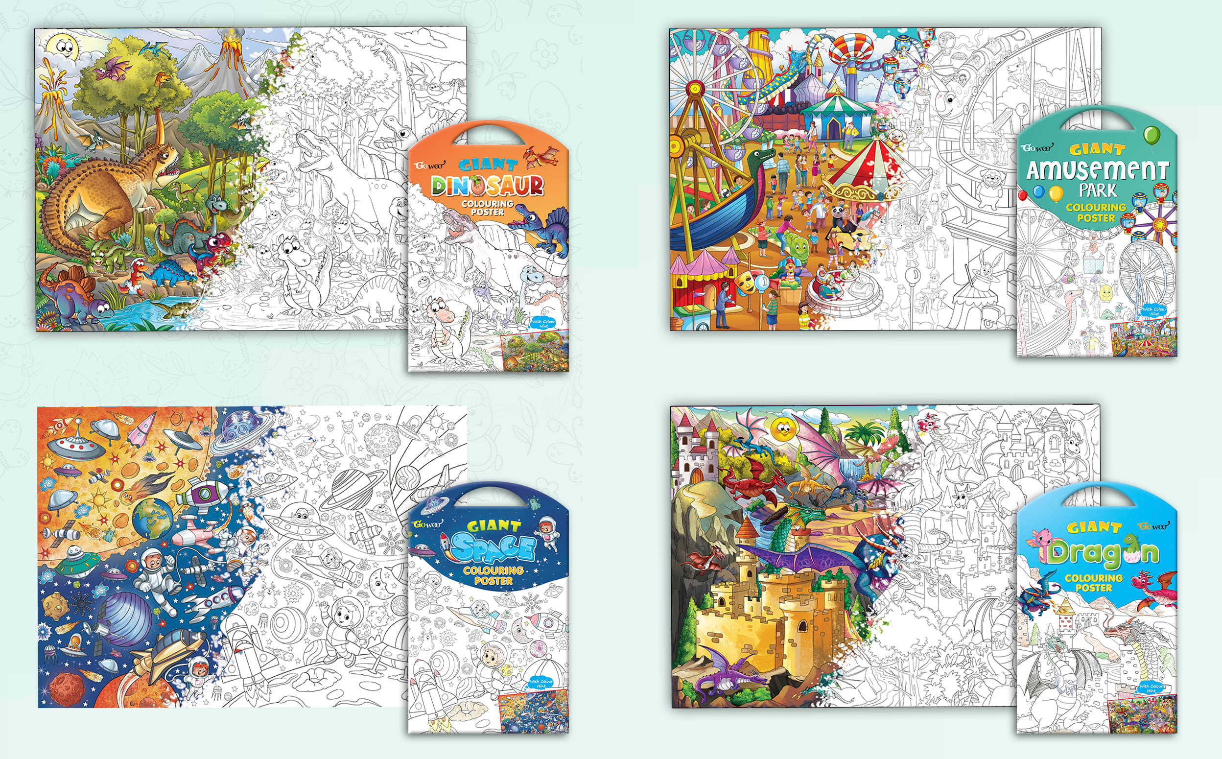 GIANT DINOSAUR COLOURING POSTER, GIANT AMUSEMENT PARK COLOURING POSTER, GIANT SPACE COLOURING POSTER and GIANT DRAGON COLOURING POSTER | Set of 4 Posters I big colouring poster for 10+ GIANT DINOSAUR COLOURING POSTER, GIANT AMUSEMENT PARK COLOURING POSTER, GIANT SPACE COLOURING POSTER and GIANT DRAGON COLOURING POSTER | Set of 4 Posters I big colouring poster for 10+