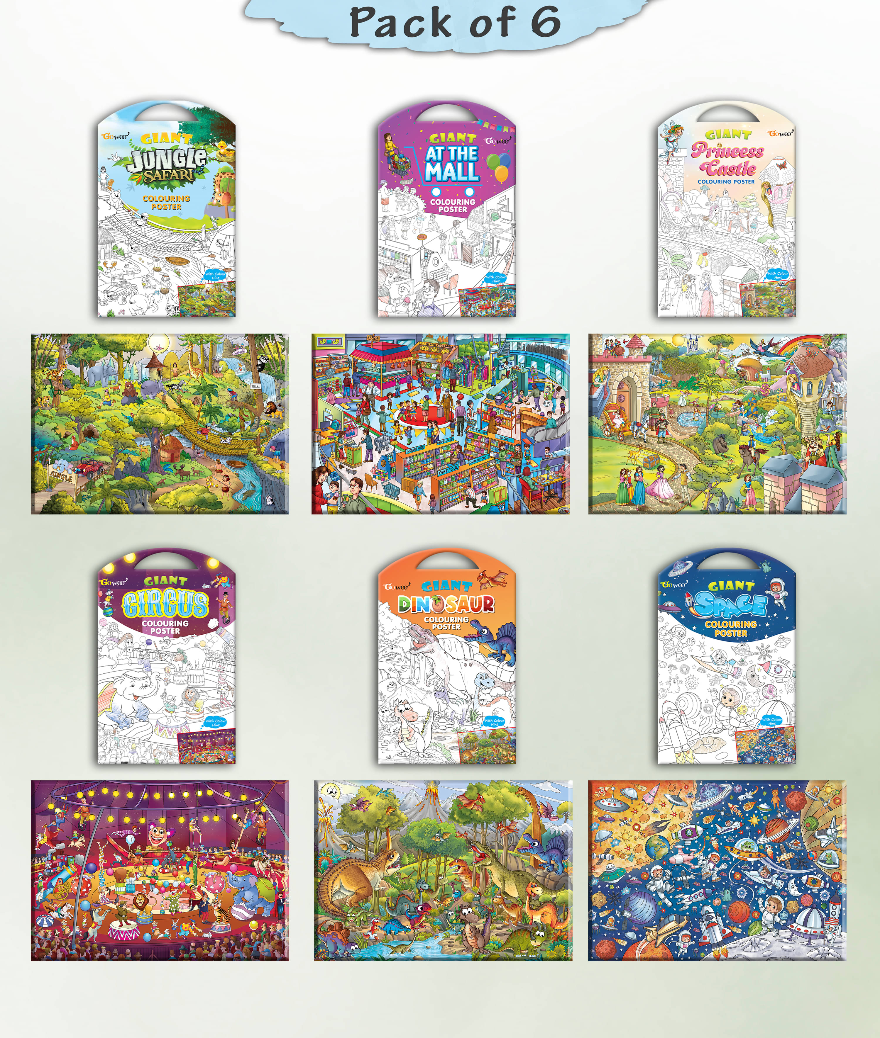     			GIANT JUNGLE SAFARI COLOURING , GIANT AT THE MALL COLOURING , GIANT PRINCESS CASTLE COLOURING , GIANT CIRCUS COLOURING , GIANT DINOSAUR COLOURING  and GIANT SPACE COLOURING  | Gift Pack of 6  I best birthday gift for children