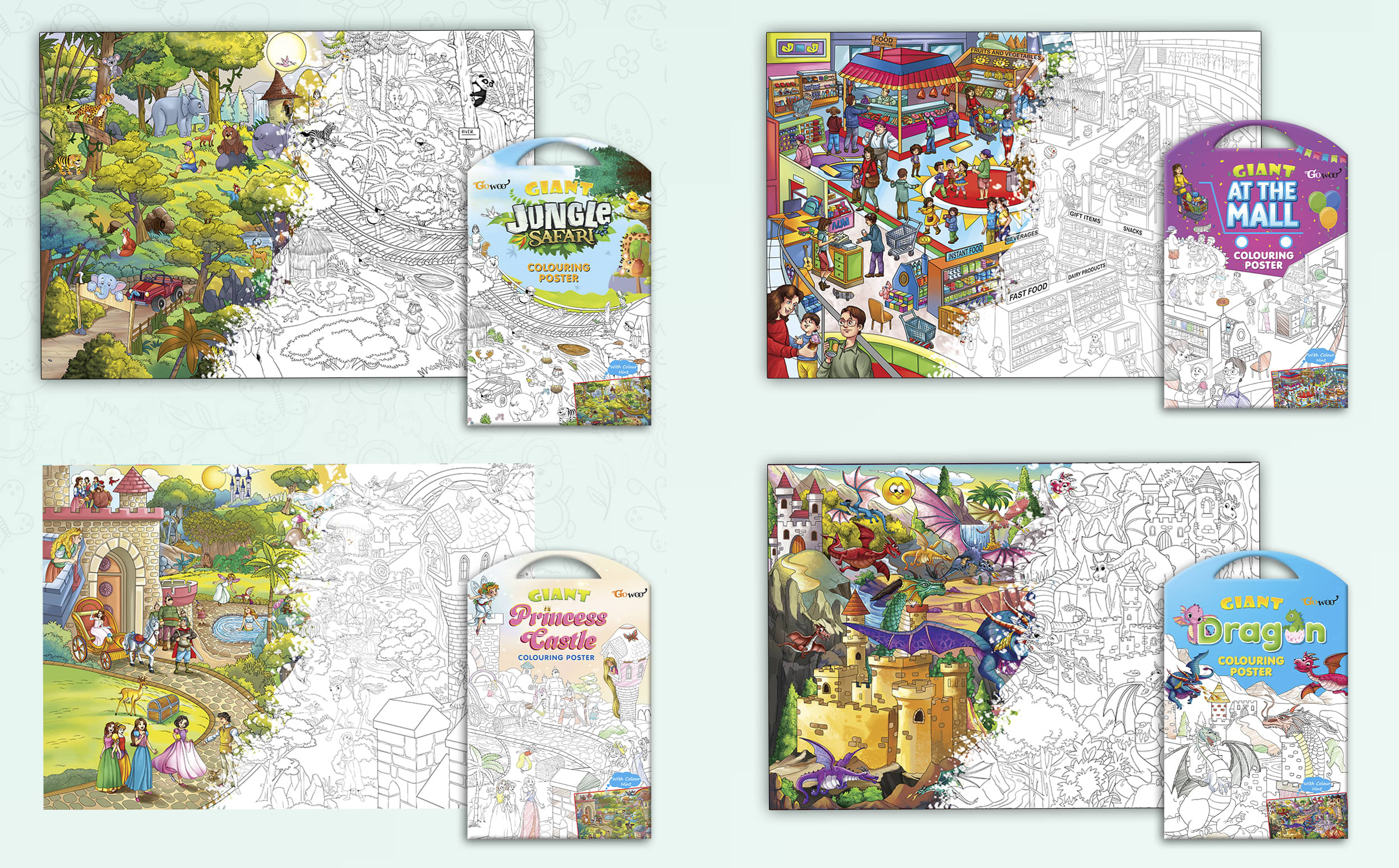 GIANT JUNGLE SAFARI COLOURING POSTER, GIANT AT THE MALL COLOURING POSTER, GIANT PRINCESS CASTLE COLOURING POSTER and GIANT DRAGON COLOURING POSTER | Set of 4 Posters I Popular coloring posters GIANT JUNGLE SAFARI COLOURING POSTER, GIANT AT THE MALL COLOURING POSTER, GIANT PRINCESS CASTLE COLOURING POSTER and GIANT DRAGON COLOURING POSTER | Set of 4 Posters I Popular coloring posters