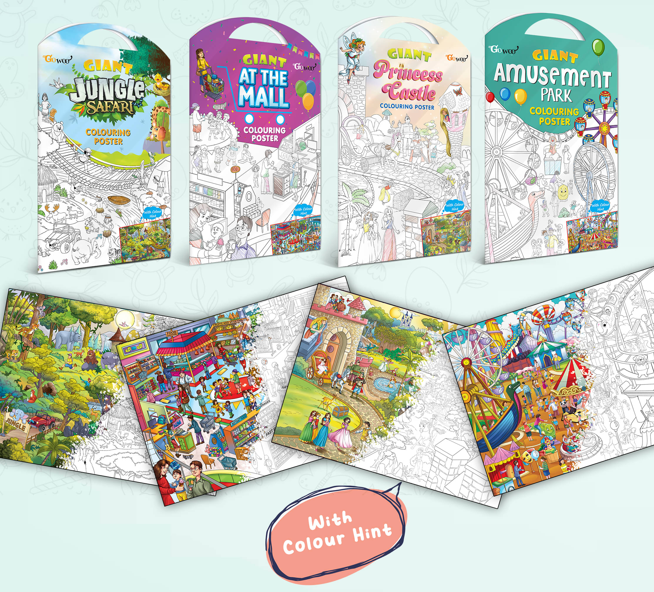 GIANT JUNGLE SAFARI COLOURING POSTER, GIANT AT THE MALL COLOURING POSTER, GIANT PRINCESS CASTLE COLOURING POSTER and GIANT AMUSEMENT PARK COLOURING POSTER | Set of 4 Posters I large mindfulness colouring poster GIANT JUNGLE SAFARI COLOURING POSTER, GIANT AT THE MALL COLOURING POSTER, GIANT PRINCESS CASTLE COLOURING POSTER and GIANT AMUSEMENT PARK COLOURING POSTER | Set of 4 Posters I large mindfulness colouring poster