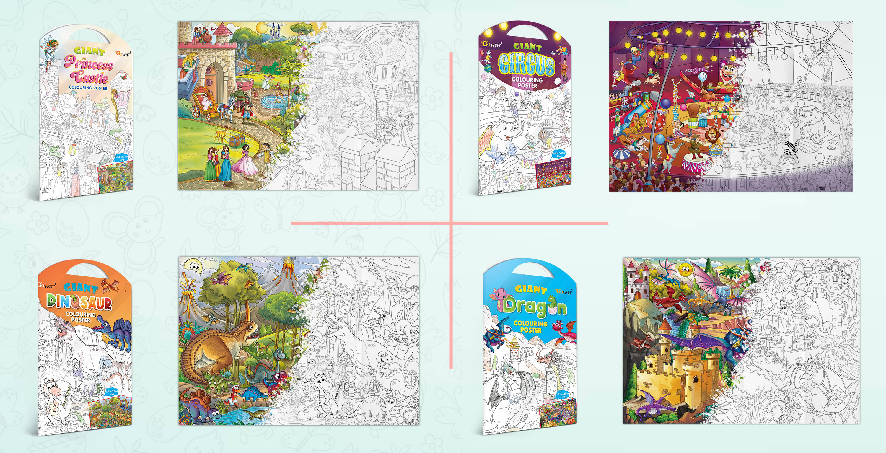     			GIANT PRINCESS CASTLE COLOURING Charts, GIANT CIRCUS COLOURING Charts, GIANT DINOSAUR COLOURING Charts and GIANT DRAGON COLOURING Charts | Gift Pack of 4 Charts I kids coloring starter kit