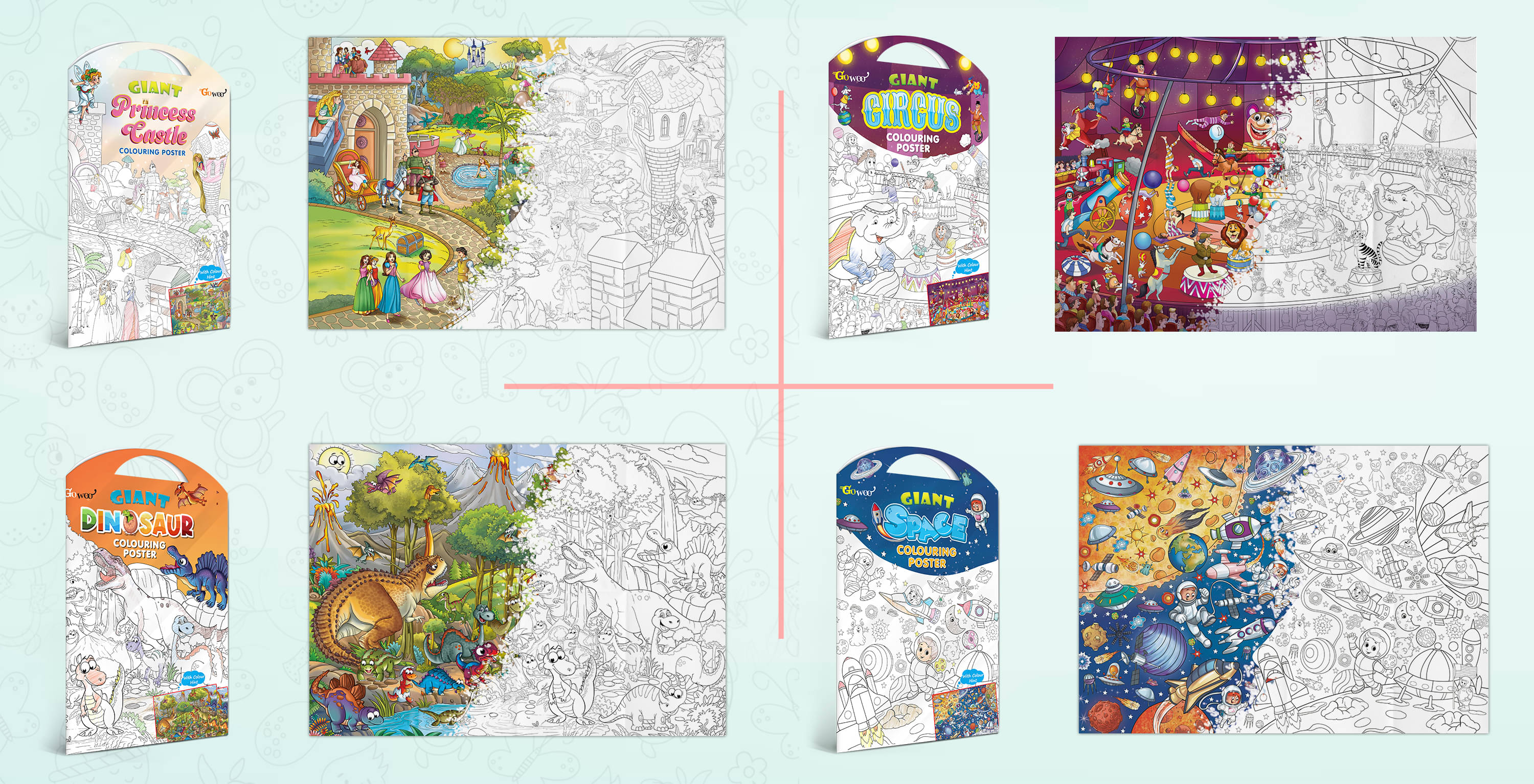 GIANT PRINCESS CASTLE COLOURING POSTER, GIANT CIRCUS COLOURING POSTER, GIANT DINOSAUR COLOURING POSTER and GIANT SPACE COLOURING POSTER | Gift Pack of 4 Posters I Exotic Escape Coloring Combo Set GIANT PRINCESS CASTLE COLOURING POSTER, GIANT CIRCUS COLOURING POSTER, GIANT DINOSAUR COLOURING POSTER and GIANT SPACE COLOURING POSTER | Gift Pack of 4 Posters I Exotic Escape Coloring Combo Set