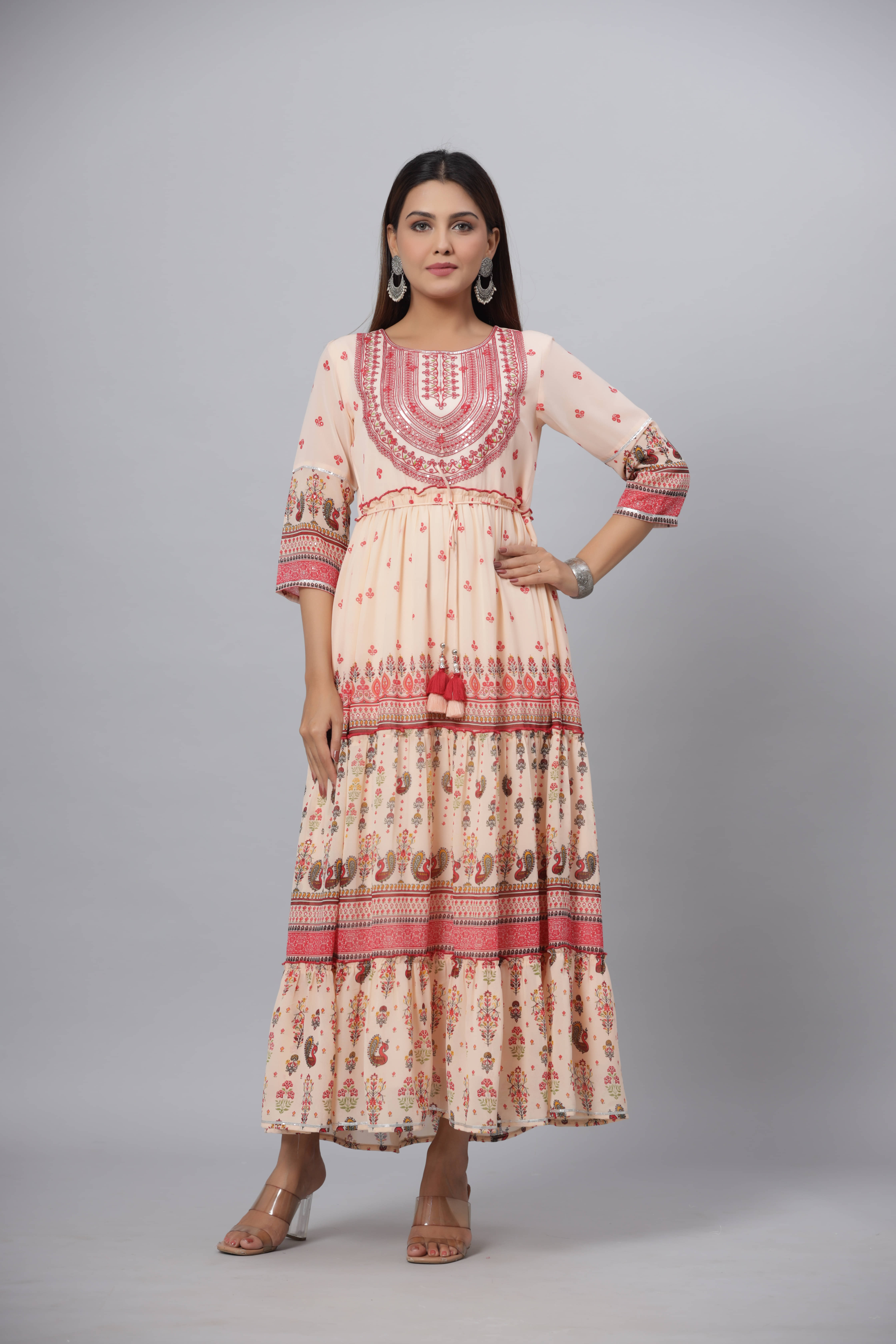 Juniper Women Georgette Printed Ethnic Dress ( Peach )     			Juniper Women Georgette Printed Ethnic Dress ( Peach )