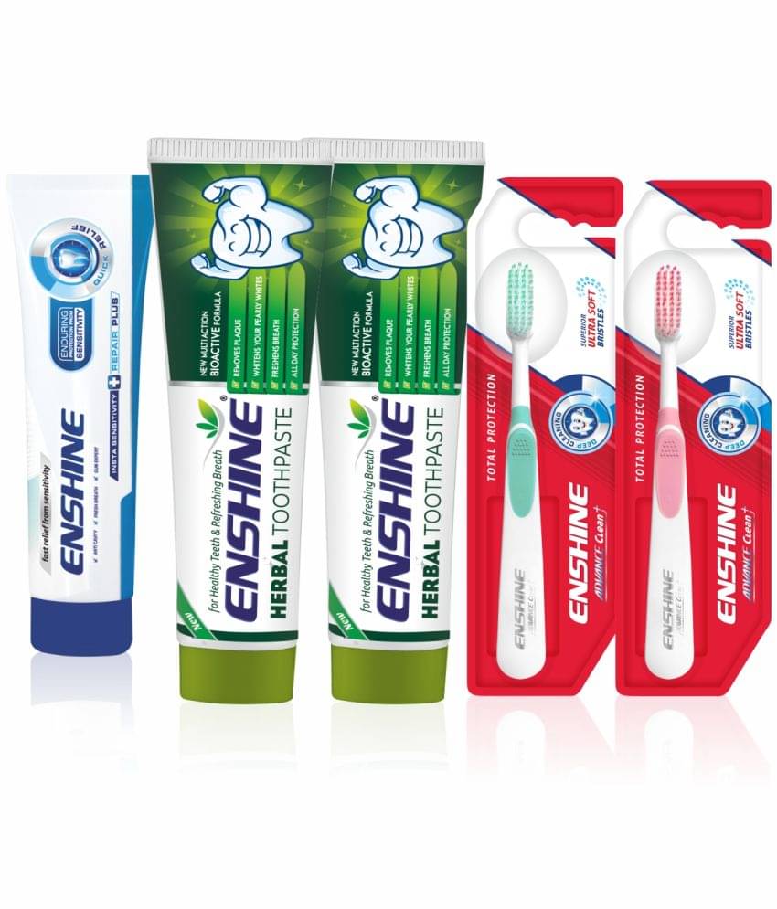 Enshine Herbal Toothpastes 100g, Sensitivity Toothpaste (50g), and 2Pc Advanced Plus Toothbrushes Enshine Herbal Toothpastes 100g, Sensitivity Toothpaste (50g), and 2Pc Advanced Plus Toothbrushes
