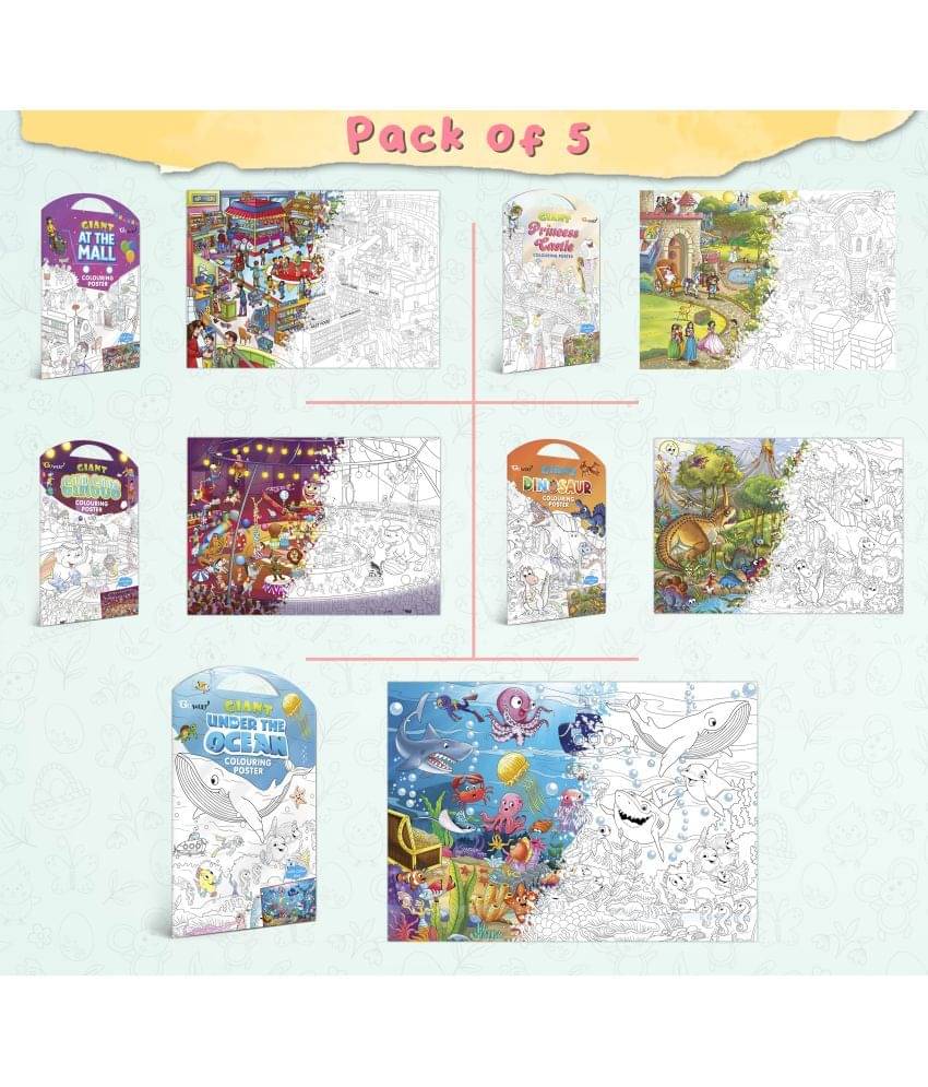     			GIANT AT THE MALL COLOURING POSTER, GIANT PRINCESS CASTLE COLOURING POSTER, GIANT CIRCUS COLOURING POSTER, GIANT DINOSAUR COLOURING POSTER and GIANT UNDER THE OCEAN COLOURING POSTER | Gift Pack of 5 Posters I Exotic Escape Coloring Combo Set