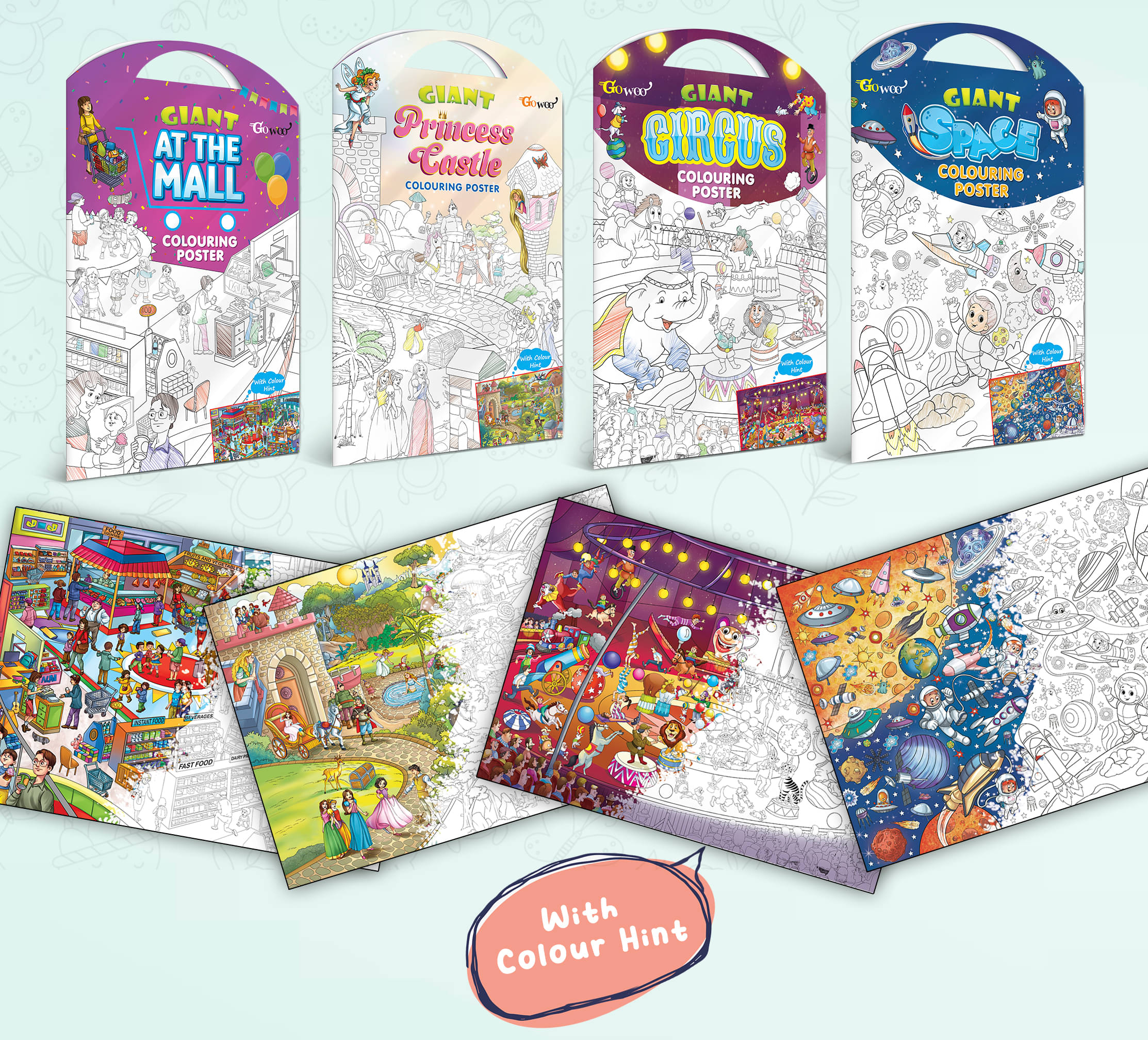     			GIANT AT THE MALL COLOURING POSTER, GIANT PRINCESS CASTLE COLOURING POSTER, GIANT CIRCUS COLOURING POSTER and GIANT SPACE COLOURING POSTER | Pack of 4 Posters I Enchanted Coloring Combo