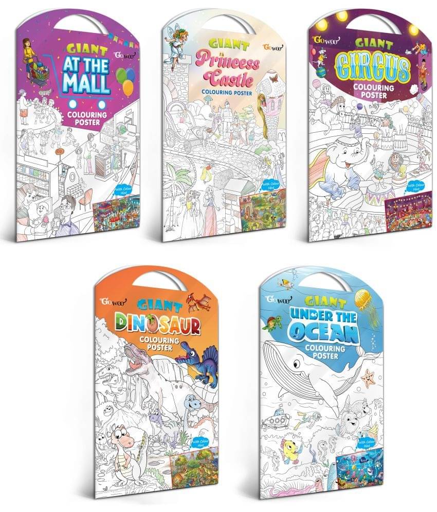 GIANT AT THE MALL COLOURING POSTER, GIANT PRINCESS CASTLE COLOURING POSTER, GIANT CIRCUS COLOURING POSTER, GIANT DINOSAUR COLOURING POSTER and GIANT UNDER THE OCEAN COLOURING POSTER | Combo pack of 5 Posters I giant wall colouring posters GIANT AT THE MALL COLOURING POSTER, GIANT PRINCESS CASTLE COLOURING POSTER, GIANT CIRCUS COLOURING POSTER, GIANT DINOSAUR COLOURING POSTER and GIANT UNDER THE OCEAN COLOURING POSTER | Combo pack of 5 Posters I giant wall colouring posters