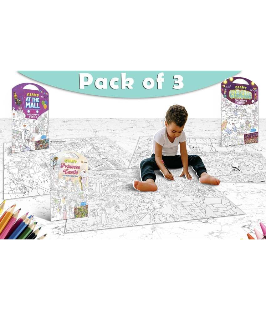     			GIANT AT THE MALL COLOURING POSTER, GIANT PRINCESS CASTLE COLOURING POSTER and GIANT CIRCUS COLOURING POSTER | Combo pack of 3 Charts I Beautifully illustrated Posters For Children
