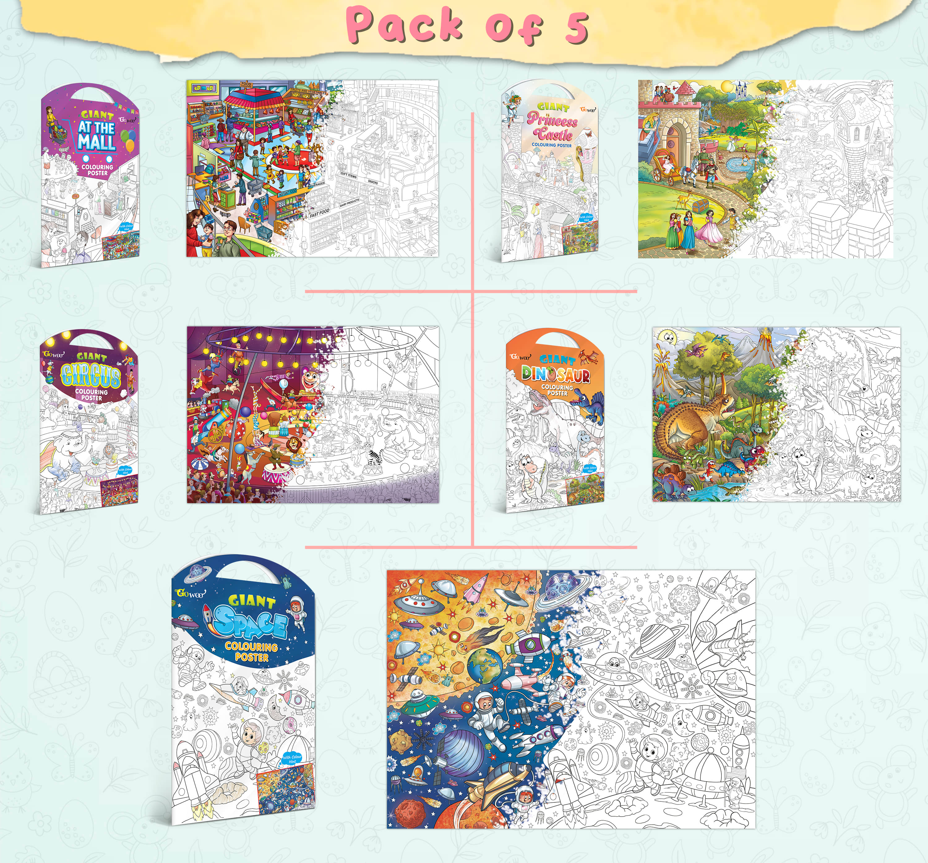 GIANT AT THE MALL COLOURING POSTER, GIANT PRINCESS CASTLE COLOURING POSTER, GIANT CIRCUS COLOURING POSTER, GIANT DINOSAUR COLOURING POSTER and GIANT SPACE COLOURING POSTER | Combo of 5 Posters I jumbo colouring poster for 9+