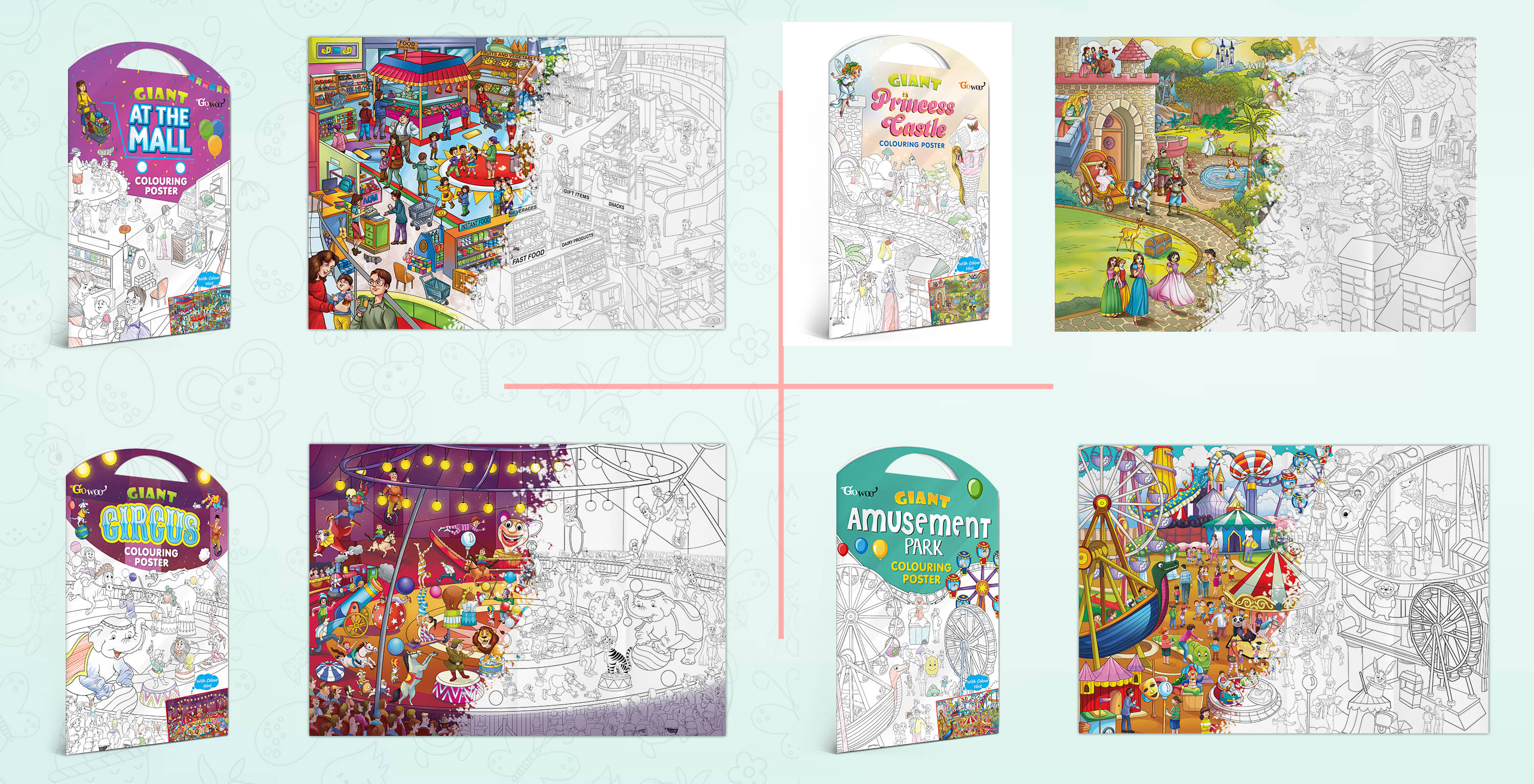 GIANT AT THE MALL COLOURING POSTER, GIANT PRINCESS CASTLE COLOURING POSTER, GIANT CIRCUS COLOURING POSTER and GIANT AMUSEMENT PARK COLOURING POSTER | Gift Pack of 4 Posters I jumbo size colouring poster for kids GIANT AT THE MALL COLOURING POSTER, GIANT PRINCESS CASTLE COLOURING POSTER, GIANT CIRCUS COLOURING POSTER and GIANT AMUSEMENT PARK COLOURING POSTER | Gift Pack of 4 Posters I jumbo size colouring poster for kids