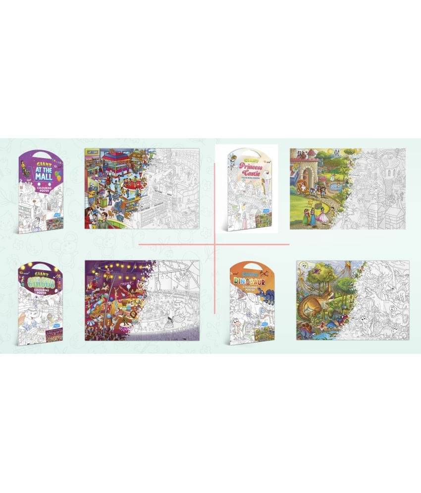 GIANT AT THE MALL COLOURING POSTER, GIANT PRINCESS CASTLE COLOURING POSTER, GIANT CIRCUS COLOURING POSTER and GIANT DINOSAUR COLOURING POSTER | Combo of 4 Posters I jumbo size colouring poster GIANT AT THE MALL COLOURING POSTER, GIANT PRINCESS CASTLE COLOURING POSTER, GIANT CIRCUS COLOURING POSTER and GIANT DINOSAUR COLOURING POSTER | Combo of 4 Posters I jumbo size colouring poster