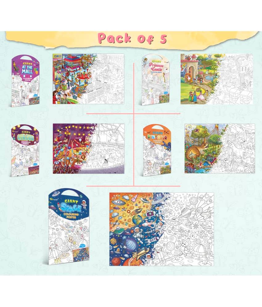 GIANT AT THE MALL COLOURING POSTER, GIANT PRINCESS CASTLE COLOURING POSTER, GIANT CIRCUS COLOURING POSTER, GIANT DINOSAUR COLOURING POSTER and GIANT SPACE COLOURING POSTER | Gift Pack of 5 Posters I Coloring Posters Multipack