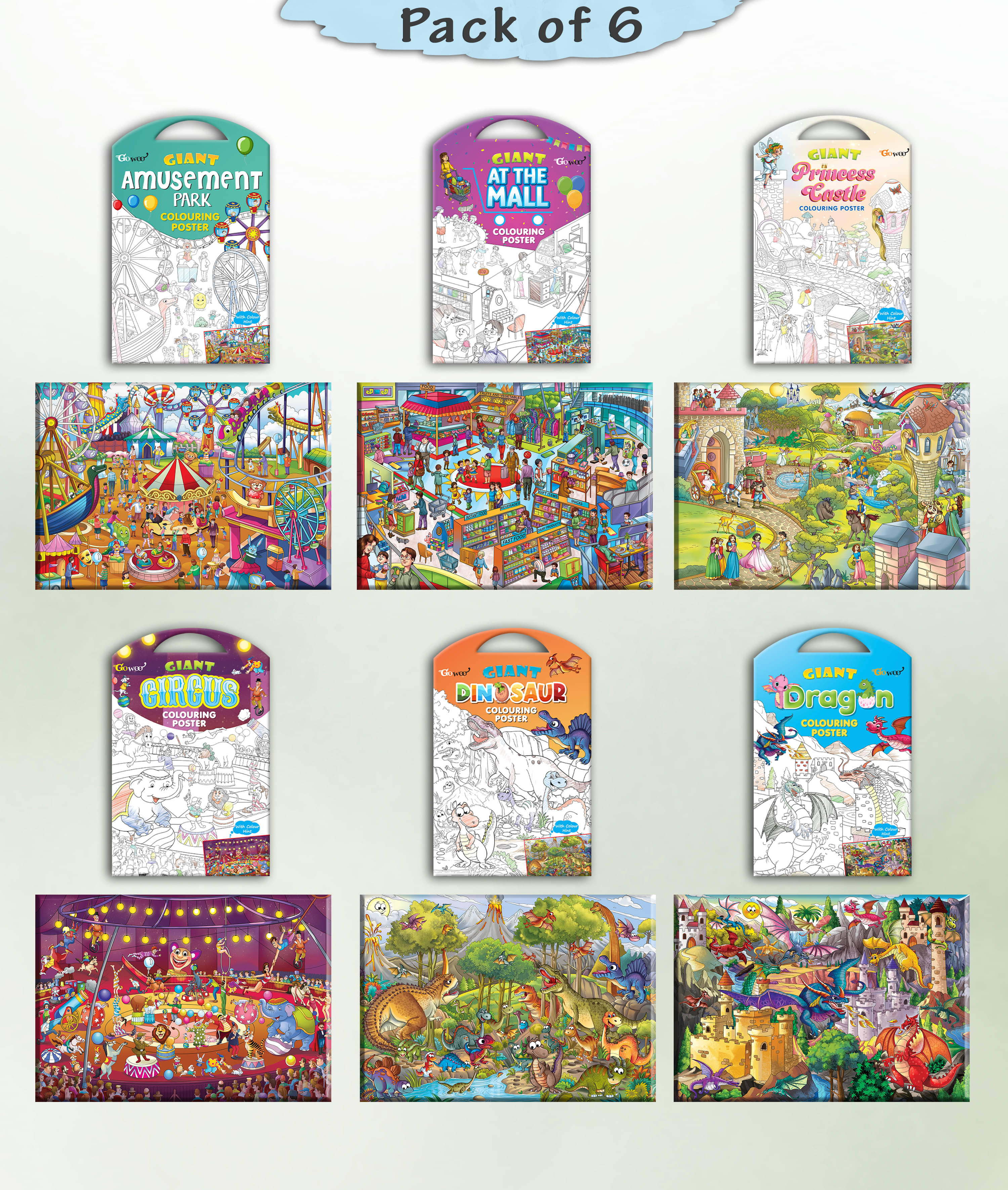     			GIANT AT THE MALL COLOURING , GIANT PRINCESS CASTLE COLOURING , GIANT CIRCUS COLOURING , GIANT DINOSAUR COLOURING , GIANT AMUSEMENT PARK COLOURING  and GIANT DRAGON COLOURING  | Gift Pack of 6 s I kids coloring starter kit