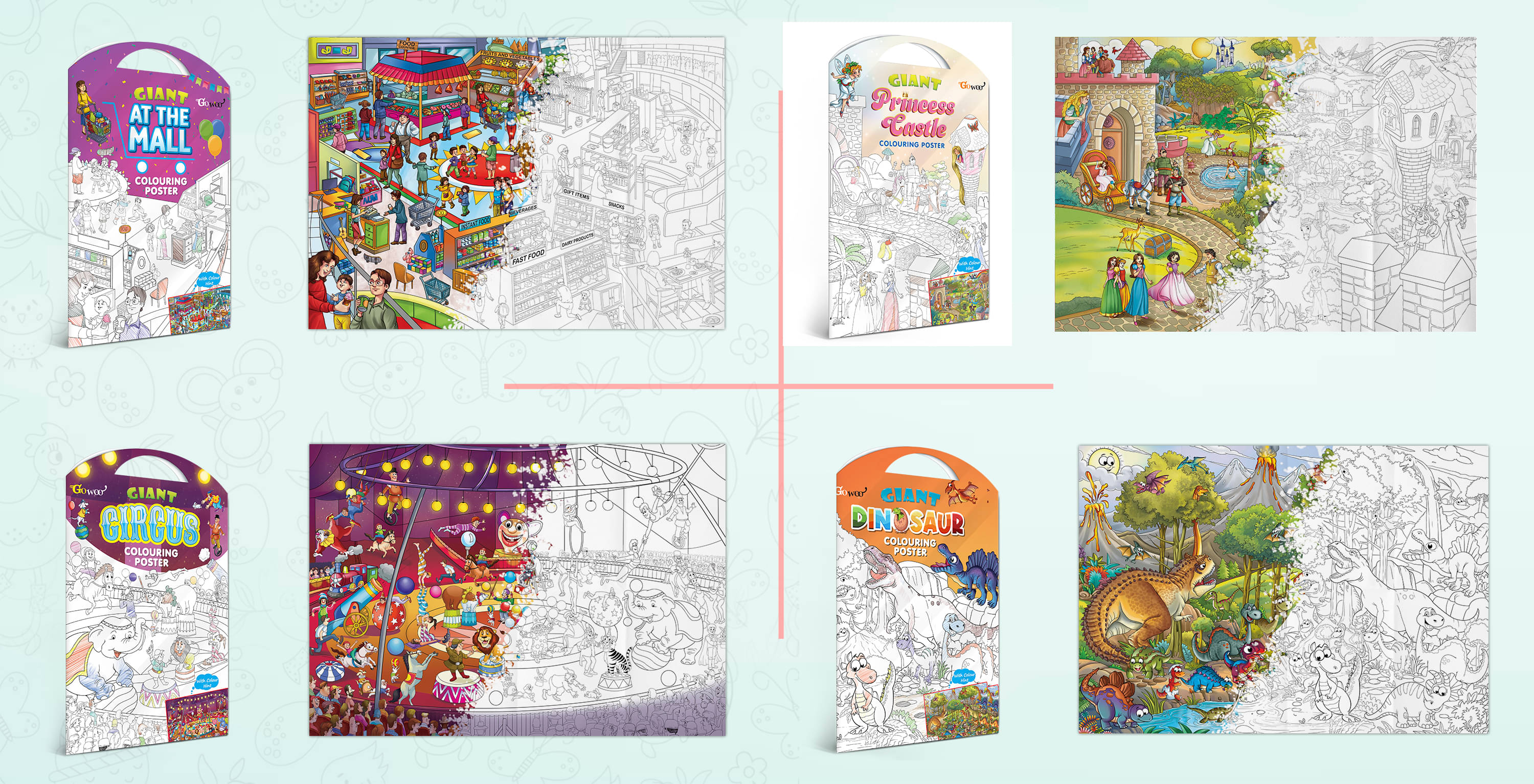 GIANT AT THE MALL COLOURING POSTER, GIANT PRINCESS CASTLE COLOURING POSTER, GIANT CIRCUS COLOURING POSTER and GIANT DINOSAUR COLOURING POSTER | Pack of 4 Posters I Large coloring posters for kids     			GIANT AT THE MALL COLOURING POSTER, GIANT PRINCESS CASTLE COLOURING POSTER, GIANT CIRCUS COLOURING POSTER and GIANT DINOSAUR COLOURING POSTER | Pack of 4 Posters I Large coloring posters for kids