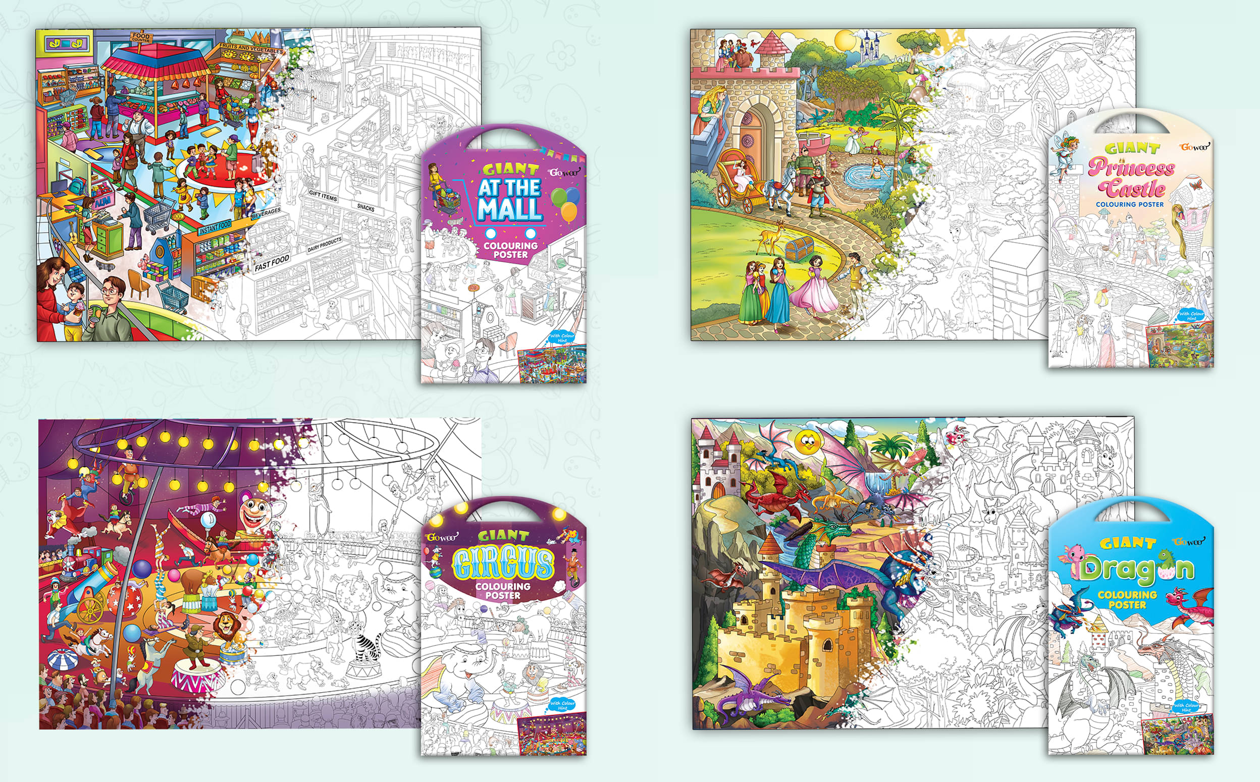     			GIANT AT THE MALL COLOURING POSTER, GIANT PRINCESS CASTLE COLOURING POSTER, GIANT CIRCUS COLOURING POSTER and GIANT DRAGON COLOURING POSTER Combo of 4 Posters I Popular children coloring posters