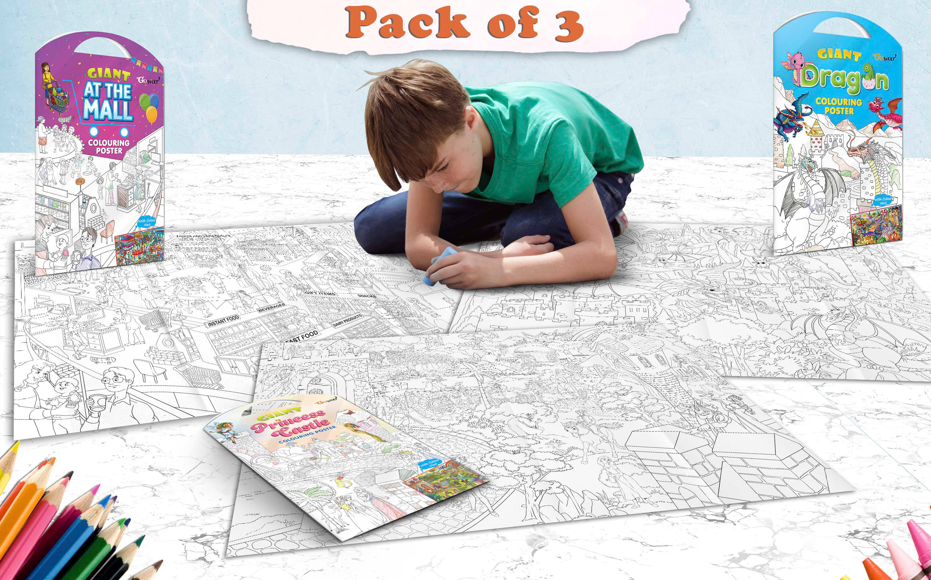     			GIANT AT THE MALL COLOURING POSTER, GIANT PRINCESS CASTLE COLOURING POSTER and GIANT DRAGON COLOURING POSTER | Set of 3 posters I Must try activity for Kids